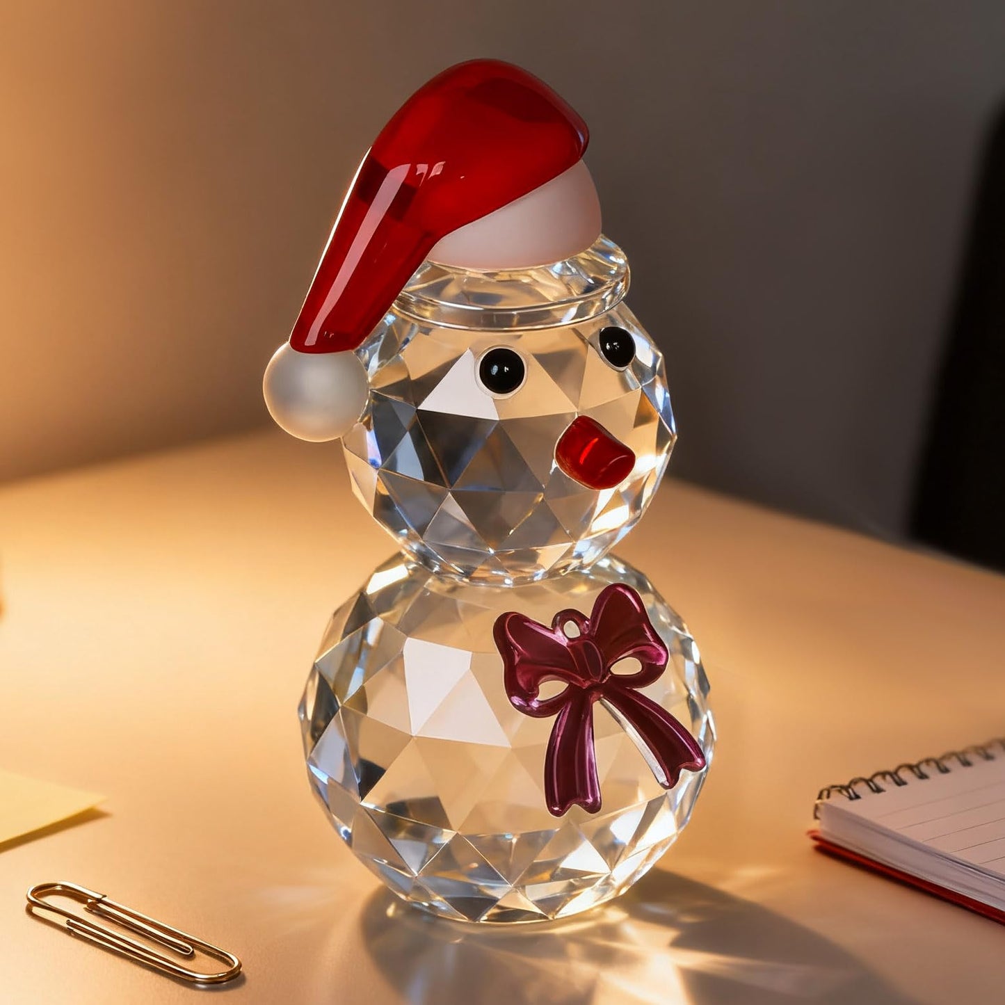 vskikris Christmas Snowman Figurine - Sparkling Crystal Snowman Figurine Decorations Christmas Glass Figurine Ornament with Red Hat, Festive Table Decor Xmas Gift & Collectible Paperweight