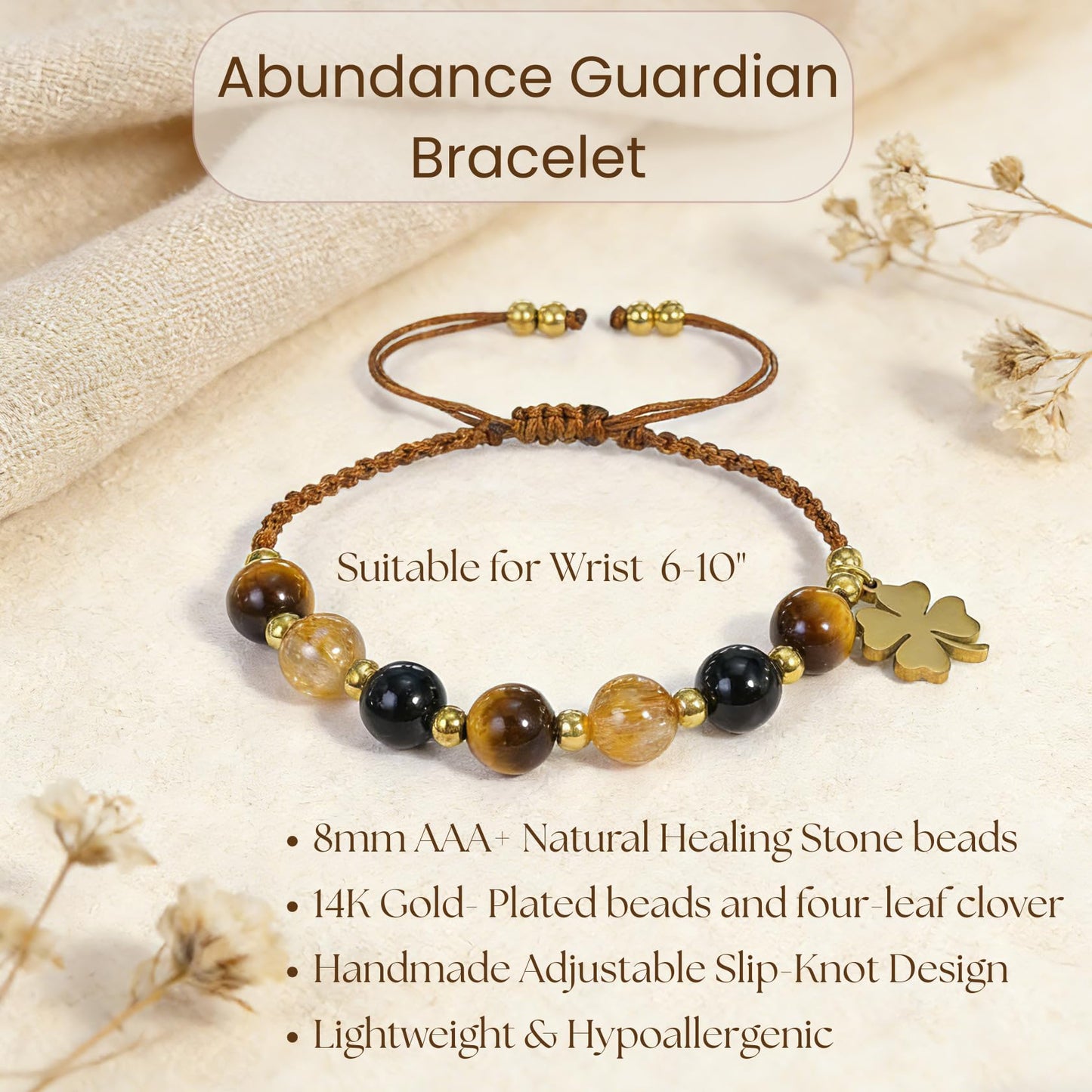Atminafays Abundance Money Bracelet - Wealth & Luck Guardian Crystal Bracelet | 8mm AAA+ Genuine Citrine, Tiger Eye & Obsidian | Adjustable Feng Shui bracelet for Men & Women | Manifestation Jewelry for Yoga & Meditation