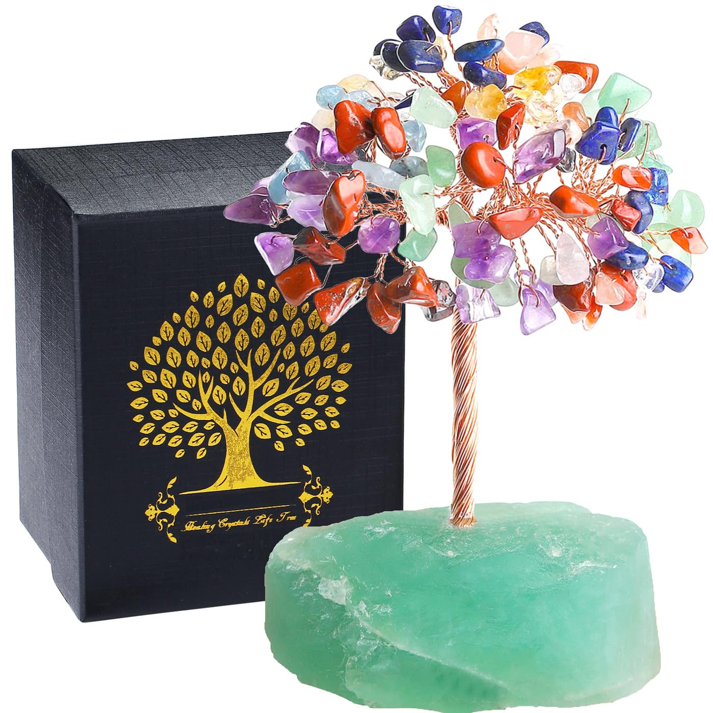 QINJIEJIE 7 Chakra Crystals Gemstone Healing Crystal Stone Fluorite Base Natural Stones Copper Wire Life Tree Energy Office Desk Decor Meditation Christmas Spiritual Gift for Women Men