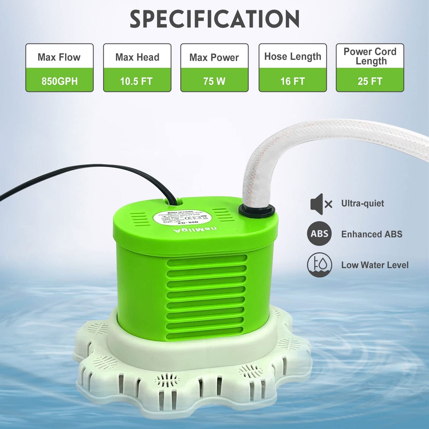 AgiiMan Pool Cover Pump Above Ground - 850 GPH Submersible Water Pump for Pool Draining