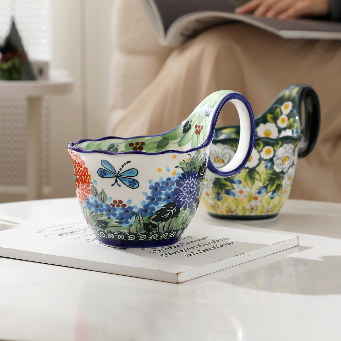 ALMA 2025 Updated Decorative Pottery Soup Bowl Microwave Safe,Large Ceramic Soup Bowl with Loop Handle,Ceramic Cereal Bowl for Soup,Snack,Chip,Stew,Ice cream-Spring Splendor Theme