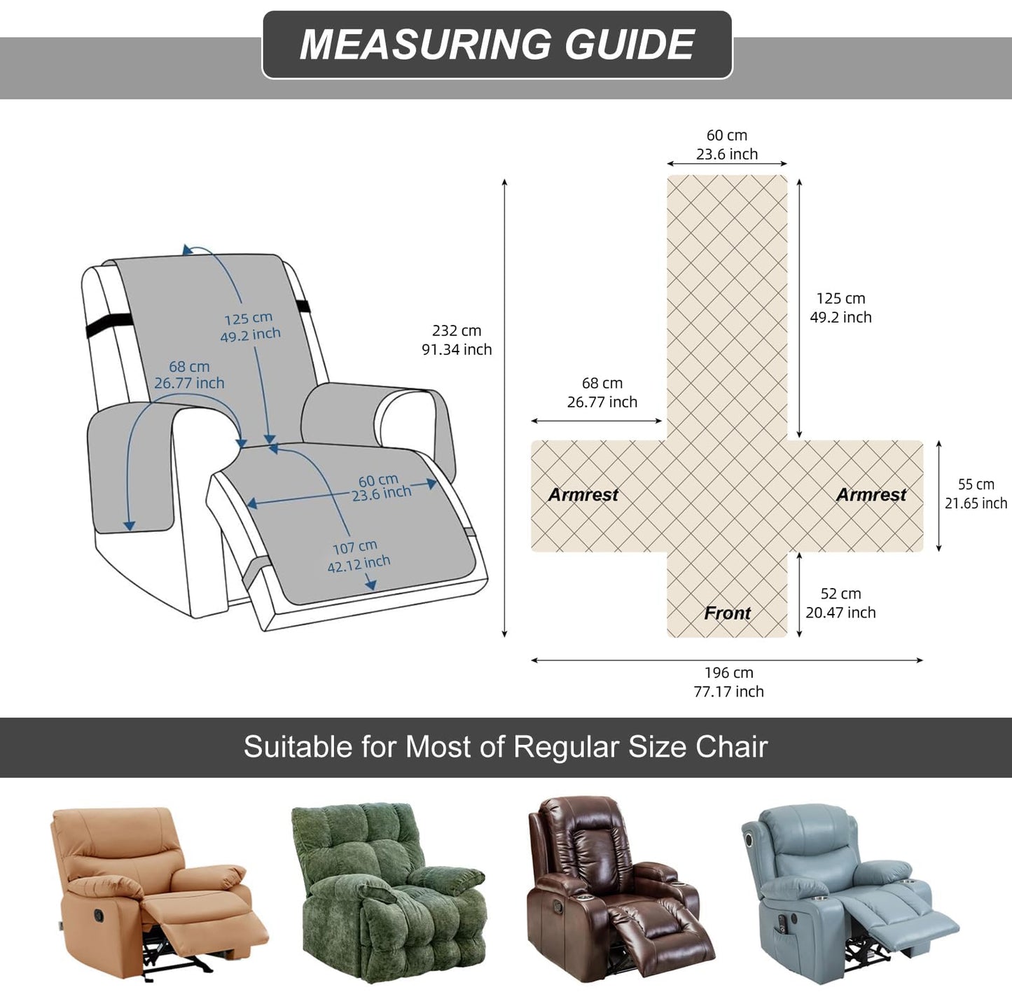 100% Waterproof Recliner Chair Cover, Recliner Chair Covers for Reclining Chair, Non-Slip Fabric Recliner Couch Cover for Living Room, for Pets Kids Protector, Washable (Beige, 23.6"Recliner Chair)