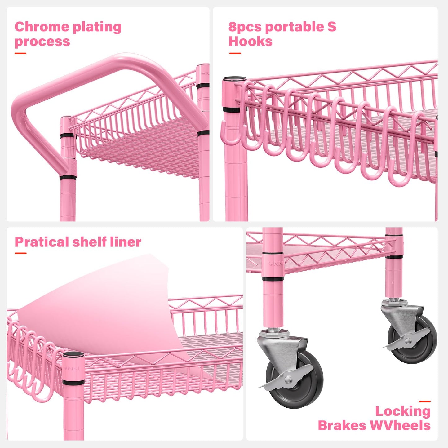 YNN Pink Rolling Cart, 990Lbs 3 Tier Heavy Duty Metal Cart with Wheels & Handle NSF Wheeled Cart 31" D x 18" W x 33" H for Bedroom, Bathroom, Kitchen,Garden,Decor,Serving