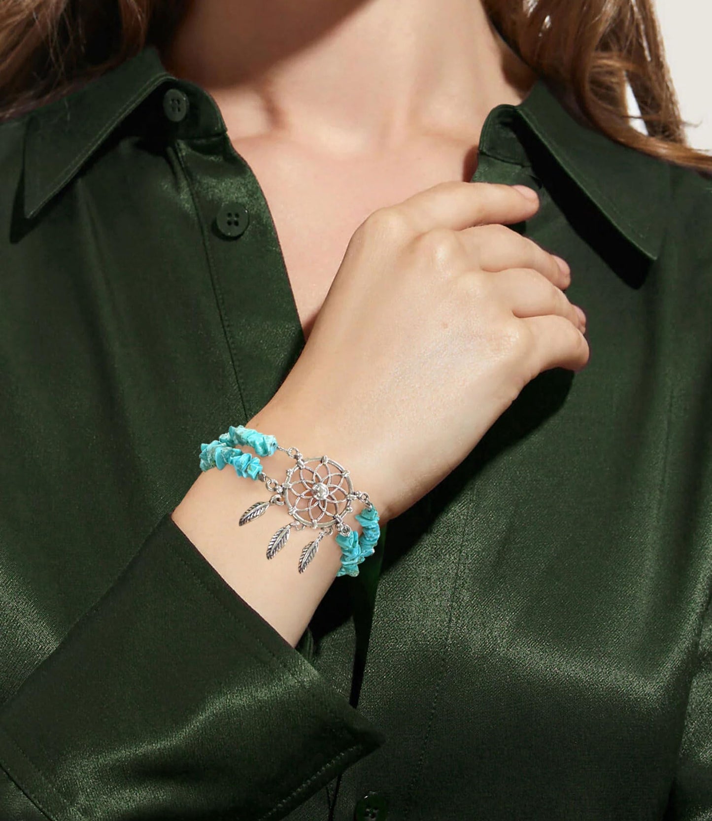 DOLIOX Boho Genuine Turquoise Bracelet for Women Western 925 Sterling Silver Gemstone Dream Catcher Bracelet Jewelry for Wife Mom Her