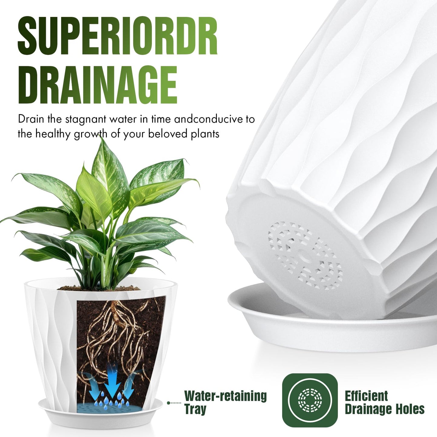 Areutxbis 8" Water Wave Plant Pots with Drainage Holes & Saucers, 4 Pack Modern Textured Medium Planters for Indoor Outdoor Plants, Decorative Flower Pots Repotting Set for Flowers, Herbs (White)