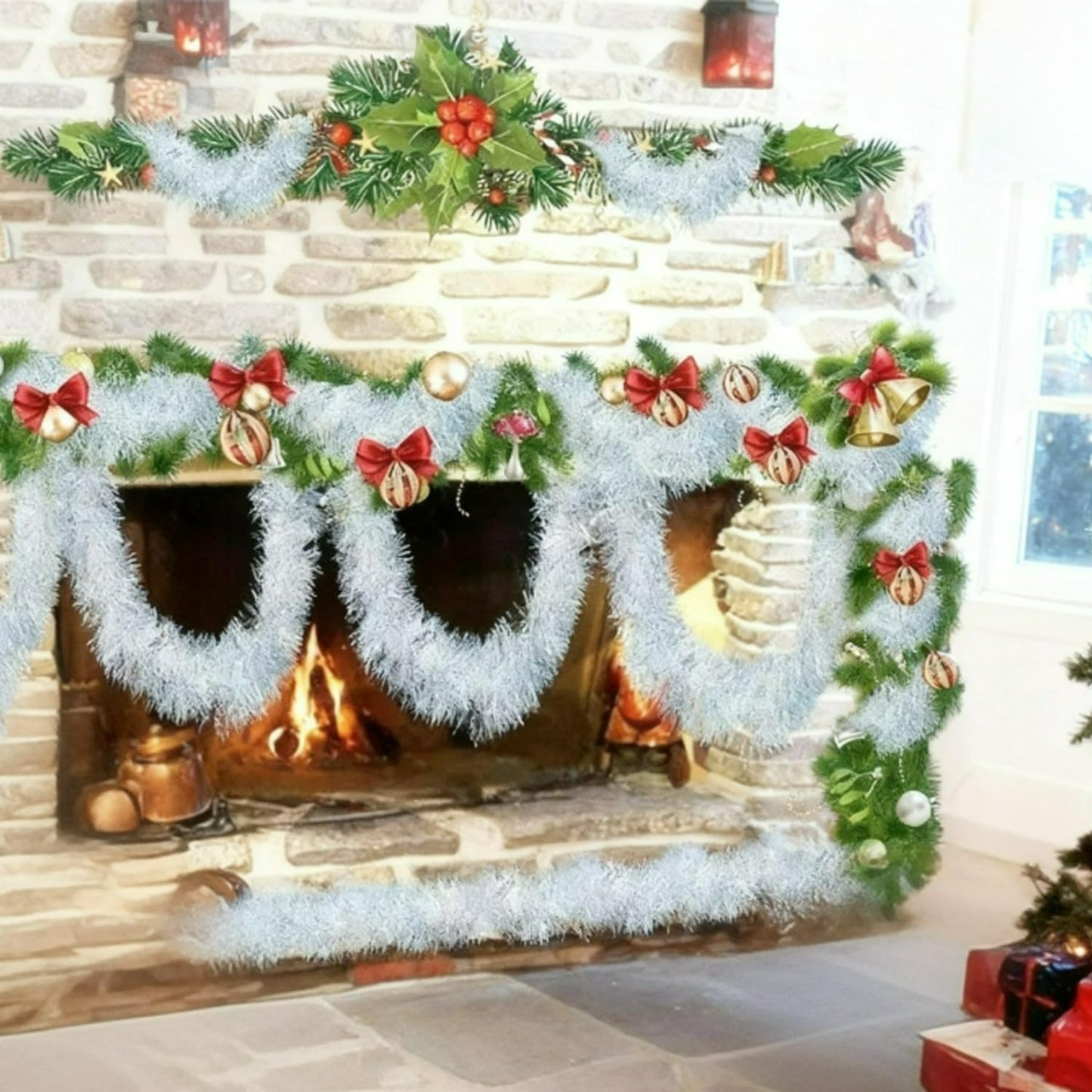 1Pc White lridescent Garland, Metallic Hanging Garland for Christmas Tree Wedding Anniversary Date, Perfect for Indoor Fireplace Home Decoration