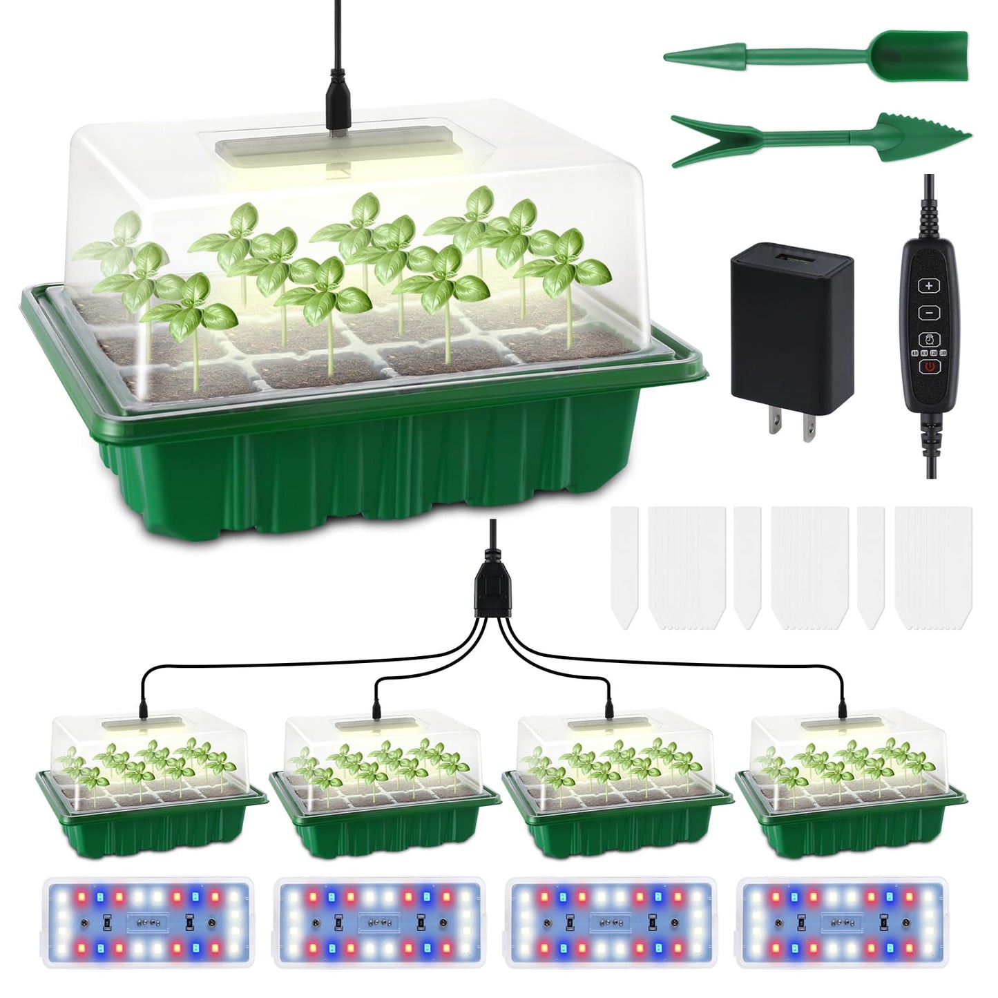 RODINTO Seed Starter Tray Medium Size 4 Packs, Seed Starter Kit with Upgraded 24 Full Spectrum LEDs, Adjustable Brightness and Timer, with Drainage Holes, Tools and Labels for Indoor Plant Growing