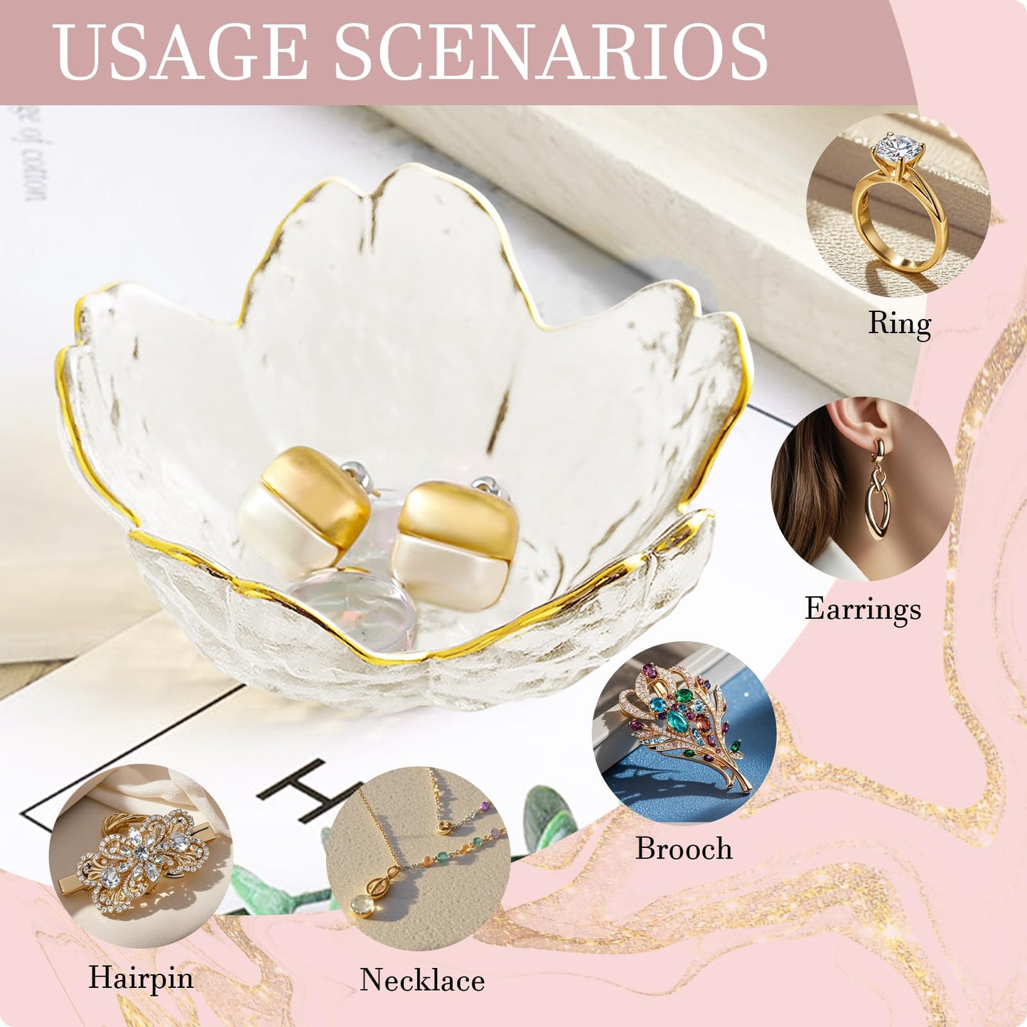 Birthday Gifts for Women Jewelry Dish Glass Ring Dish Holder Jewelry Tray Cute Vanity Organizer Room Decor Jewellery Tray Crystals Trinket Dish Nightstand Bedroom Decor Christmas Friendship Gifts
