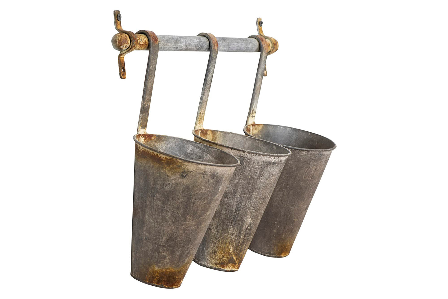 Creative Co-Op Antiqued Metal Wall Rack with 3 Hanging Tin Pots