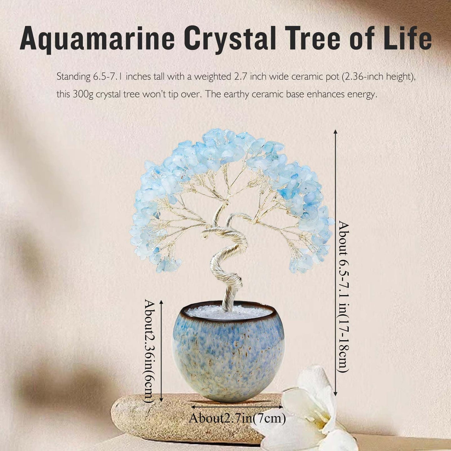 Runyangshi Aquamarine Crystal Tree of Life - 7in Chakra Crystal Money Tree with 297 Natural Healing Crystal Gemstone for Feng Shui, Luck, Balancing Energy Home Decor & Spiritual Gift