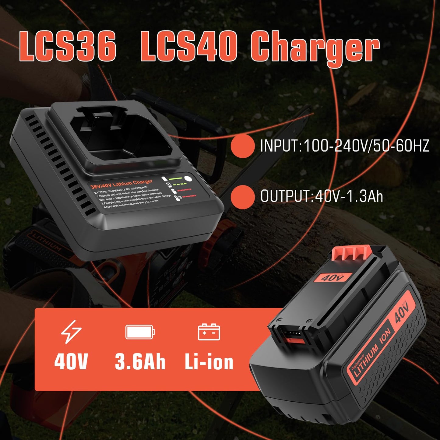 2-Pack 3600mAh LBX2040 Lithium ion Replacement Battery and Charger Compatible with Black and Decker 40 Volt Battery LBX2040 LBXR36 LBXR2036 LST540 LCS1240 LBX1540 LST136W Cordless Power Tool(Orange)