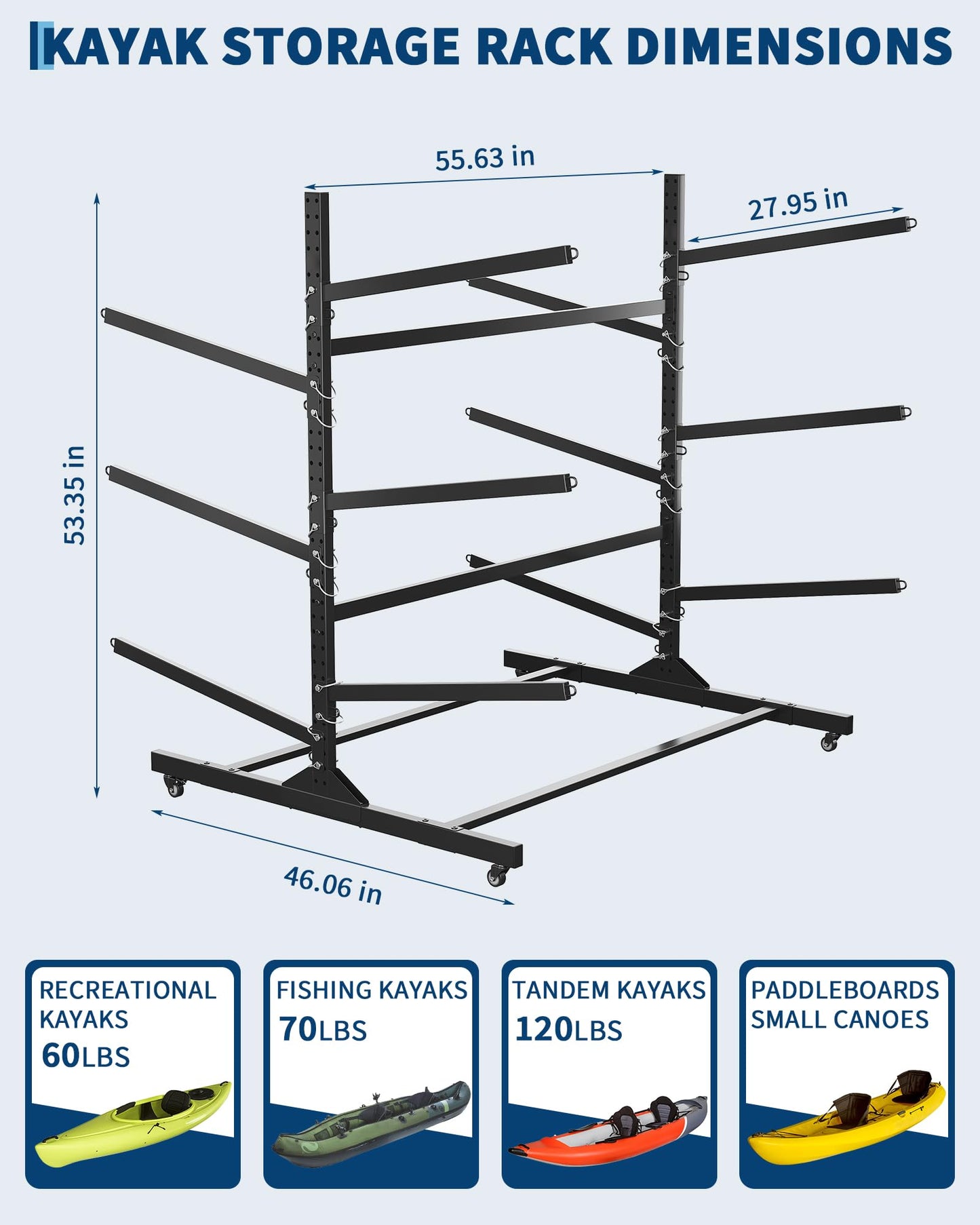 GarveeLife Kayak Storage Rack for 6 Kayaks Freestanding Kayak Rack for Outdoor Storage with Movable Wheels, Heavy-Duty Steel Kayak Hanger Holder with Hanging Straps