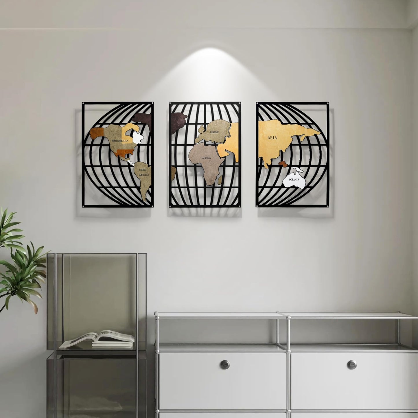 FIXNEO Metal Wall Art 3 Piece World Map Wall Art for Living Room Modern Globe Pictures Design Decor for Living Room Home Bathroom Office (World Map, 31.8"*15.74")