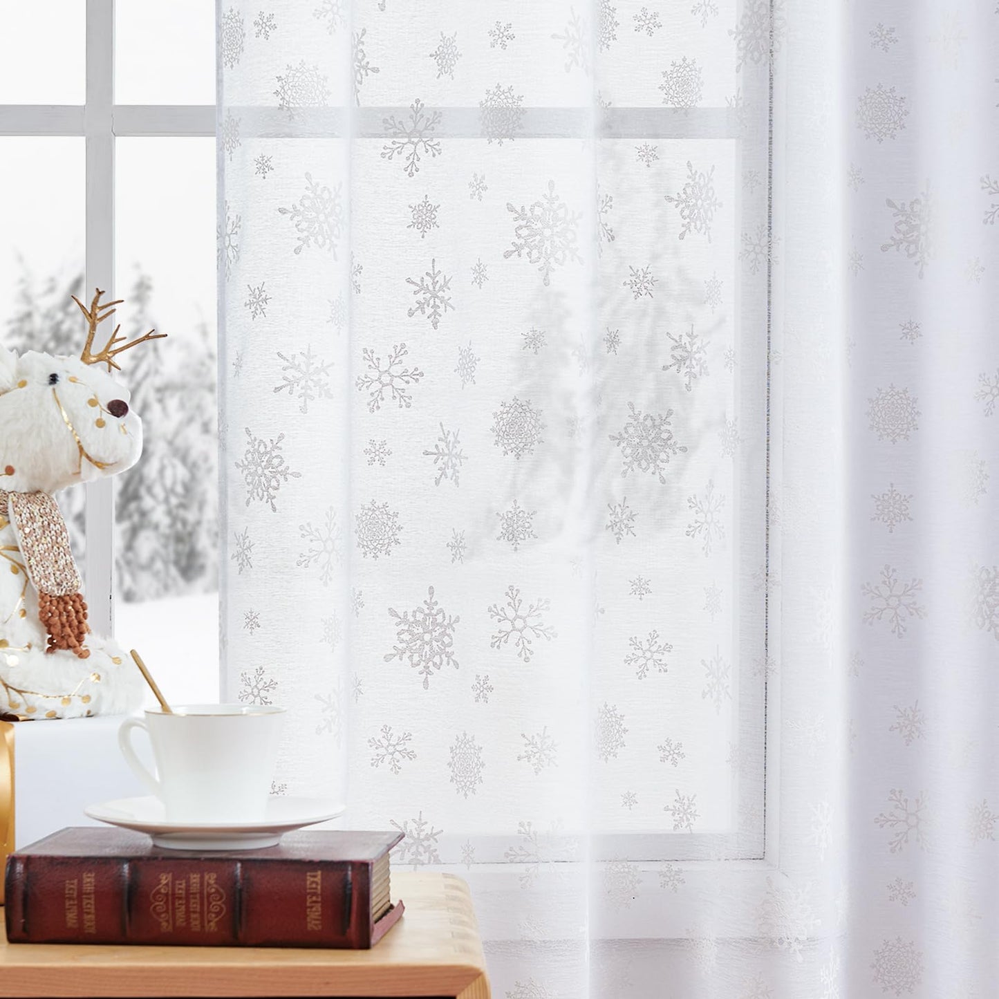 Vangao Snowflake Christmas Curtains White Sheer Curtains 84 Inches Long for Living Room Bedroom Holiday Backdrop Decor Snow Flake Luxury Home Voile Drapes Rod Pocket Window Winter Drape, 2 Panels