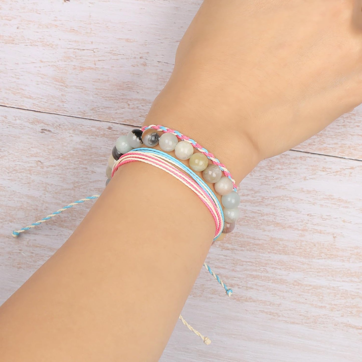 QOGIR Handmade Healing Stones Bracelet,8mm Natural Multi Color Amazonite Gemstone Beads Bracelet,for Men Women Gifts with 2PCS Size Adjustable Rope Bracelets