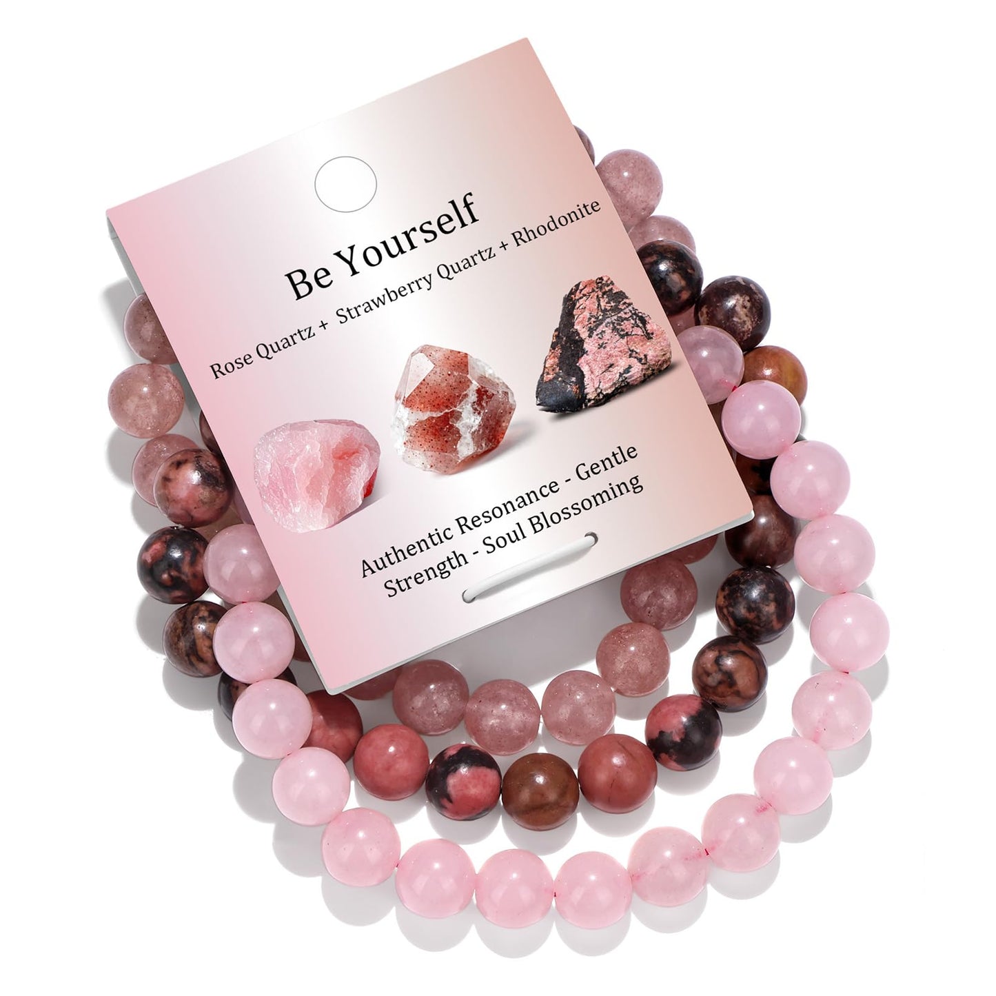 Vinswet Healing Crystal Bracelets for Women Men 8mm Rose Quartz Strawberry Rhodonite Natural Stone Beaded Stretch Bracelet Triple Protection Handmade Gemstone Reiki Spiritual Jewelry Gifts