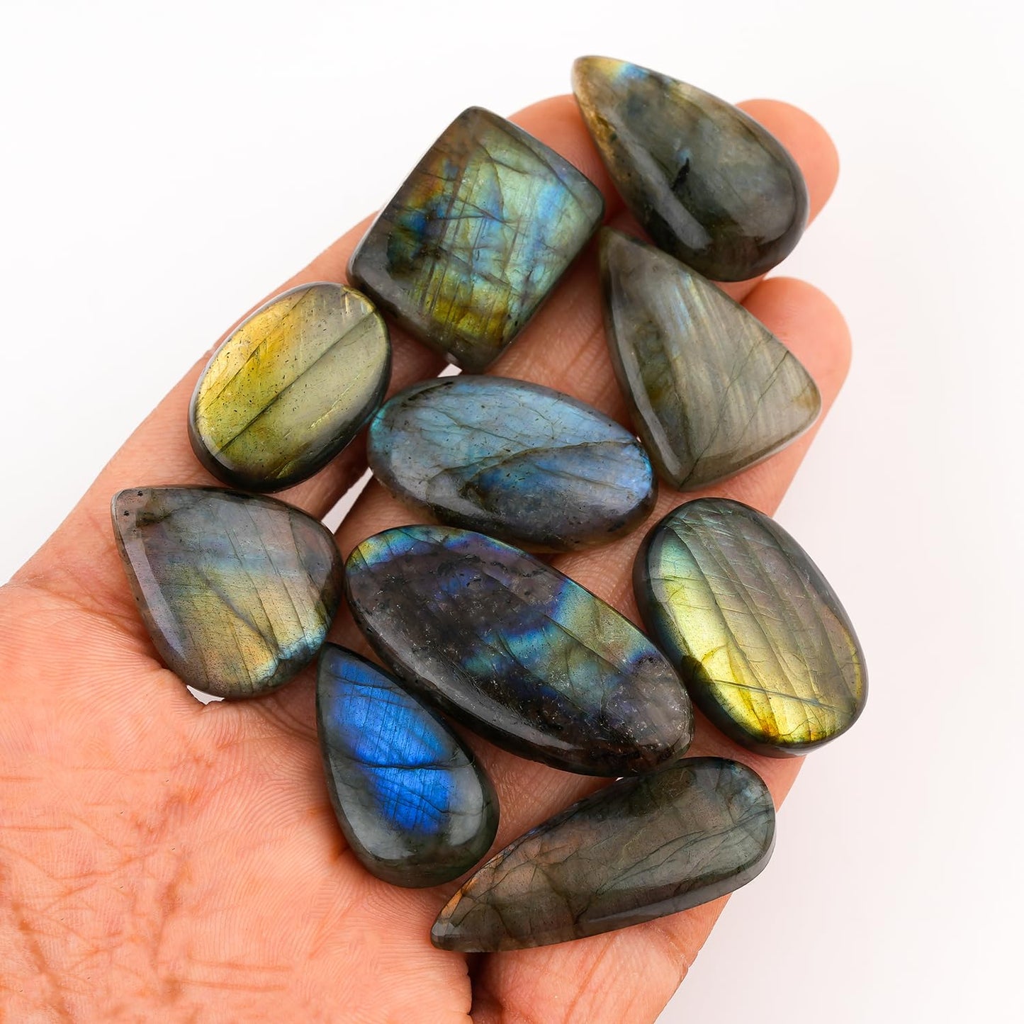 CRYSTALINES 10pcs Wholesale Natural Labradorite Gemstones Cabochon, Bulk Spectrolite Polished Stones, DIY Jewelry Making, Chakra Healing Crystals, Wire Wrapping, Assorted Loose Supply
