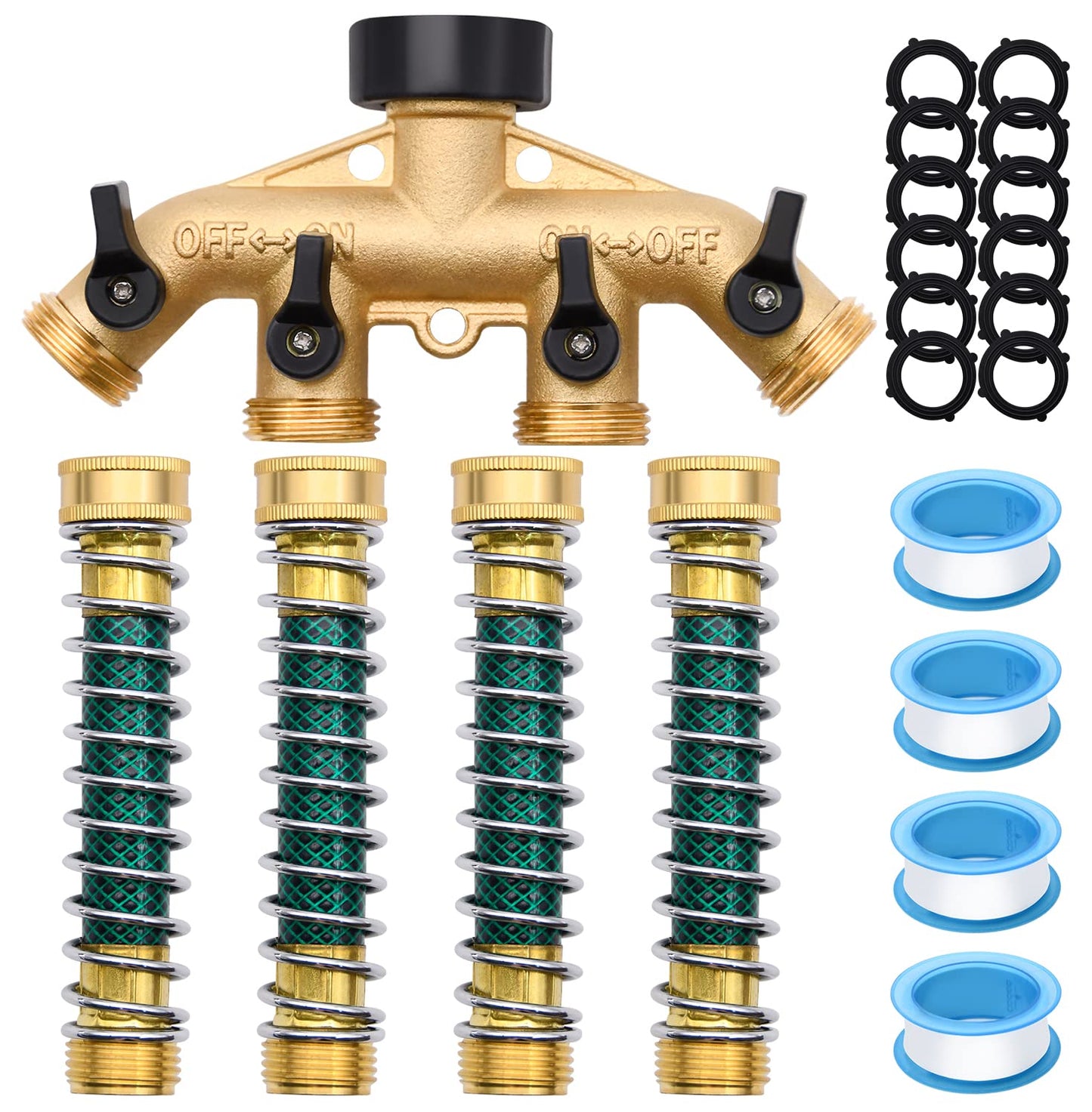 4 Way Hose Splitter with 4Pcs Garden Hose Extension Adapter, Brass Garden Hose Splitter Set, Hose Spigot Adapter with 4 Valves and 12 Rubber Washers & 4 Tapes