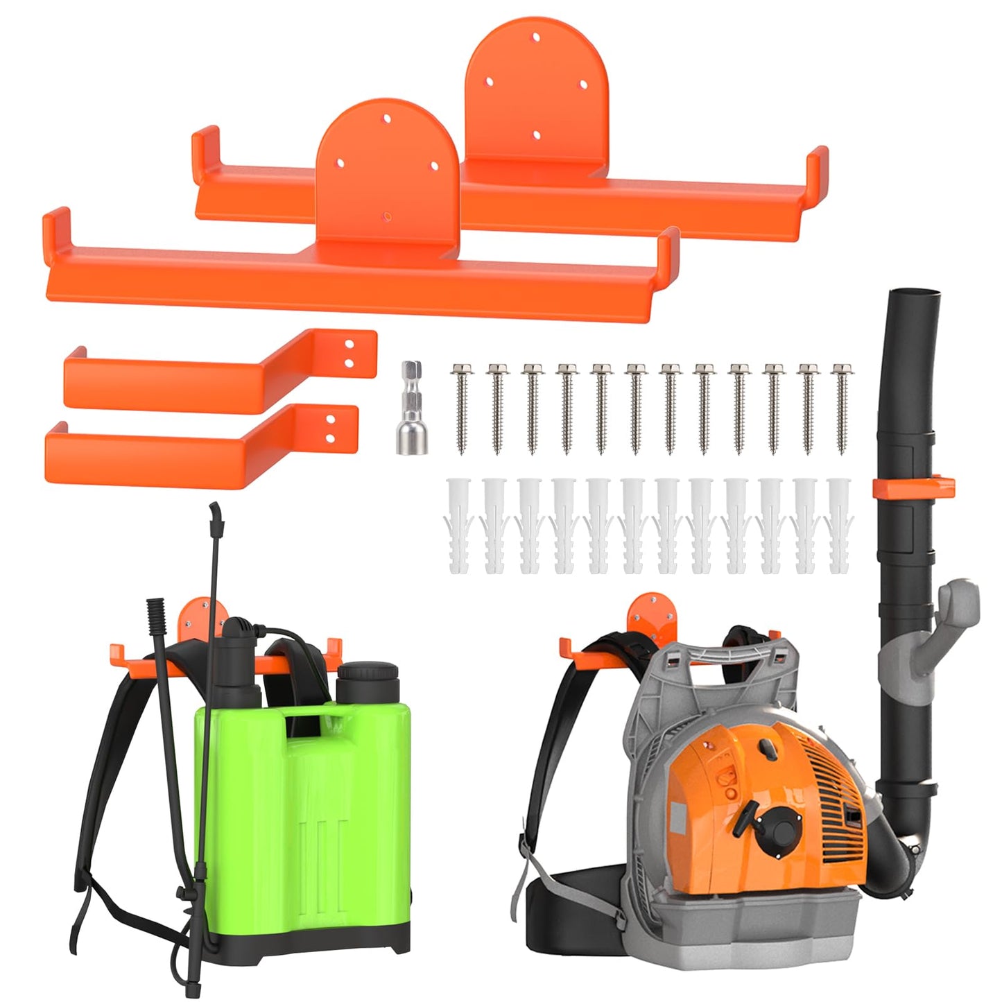 ZSLTLDU 2 Pack Backpack Blower Rack, Heavy Duty Anti-Scratch Leaf Blower Hanger with Hose Holder, Backpack Sprayer Wall Mount for Garage, Warehouse & Outdoor Tool Storage