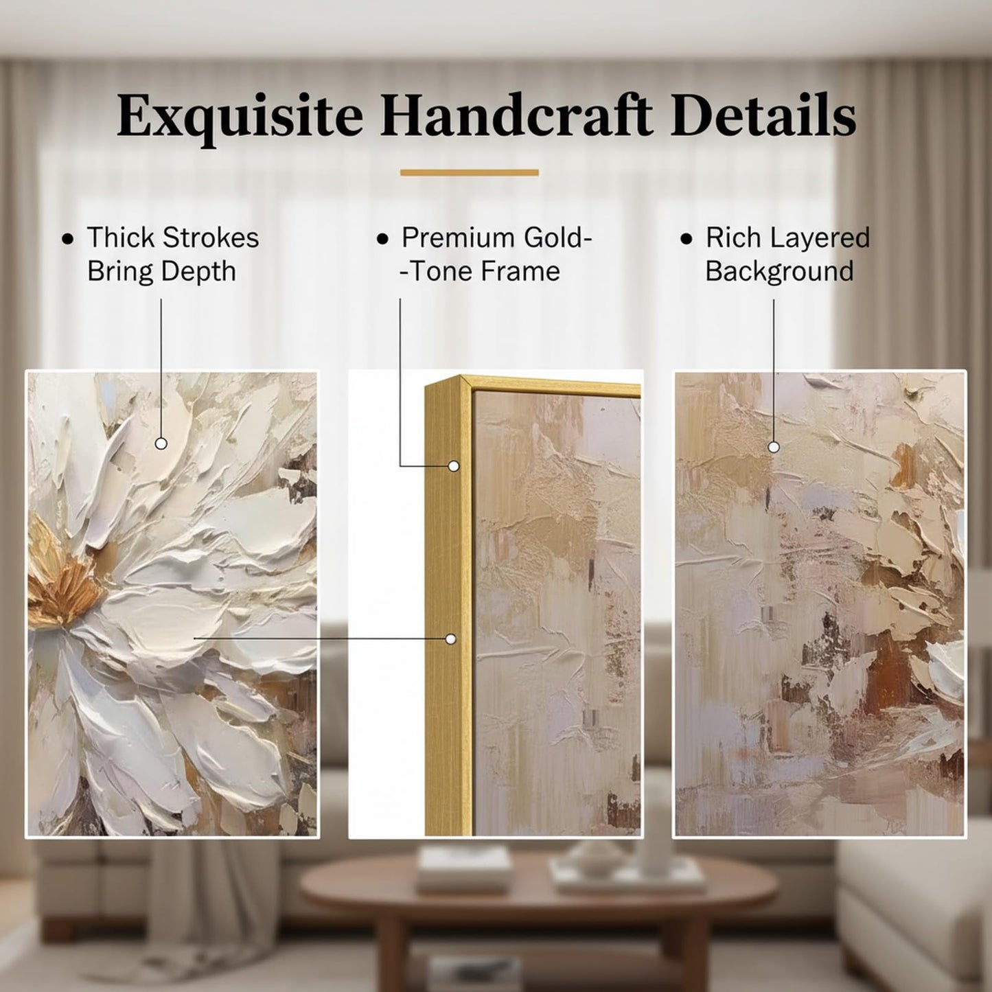 Hand-Painted Flower Canvas Oil Painting for Living Room, Large White Floral Canvas Wall Art for Bedroom,Gold Framed 3D Textured Painting for Office Kitchen Home Decoration 24x56 inches