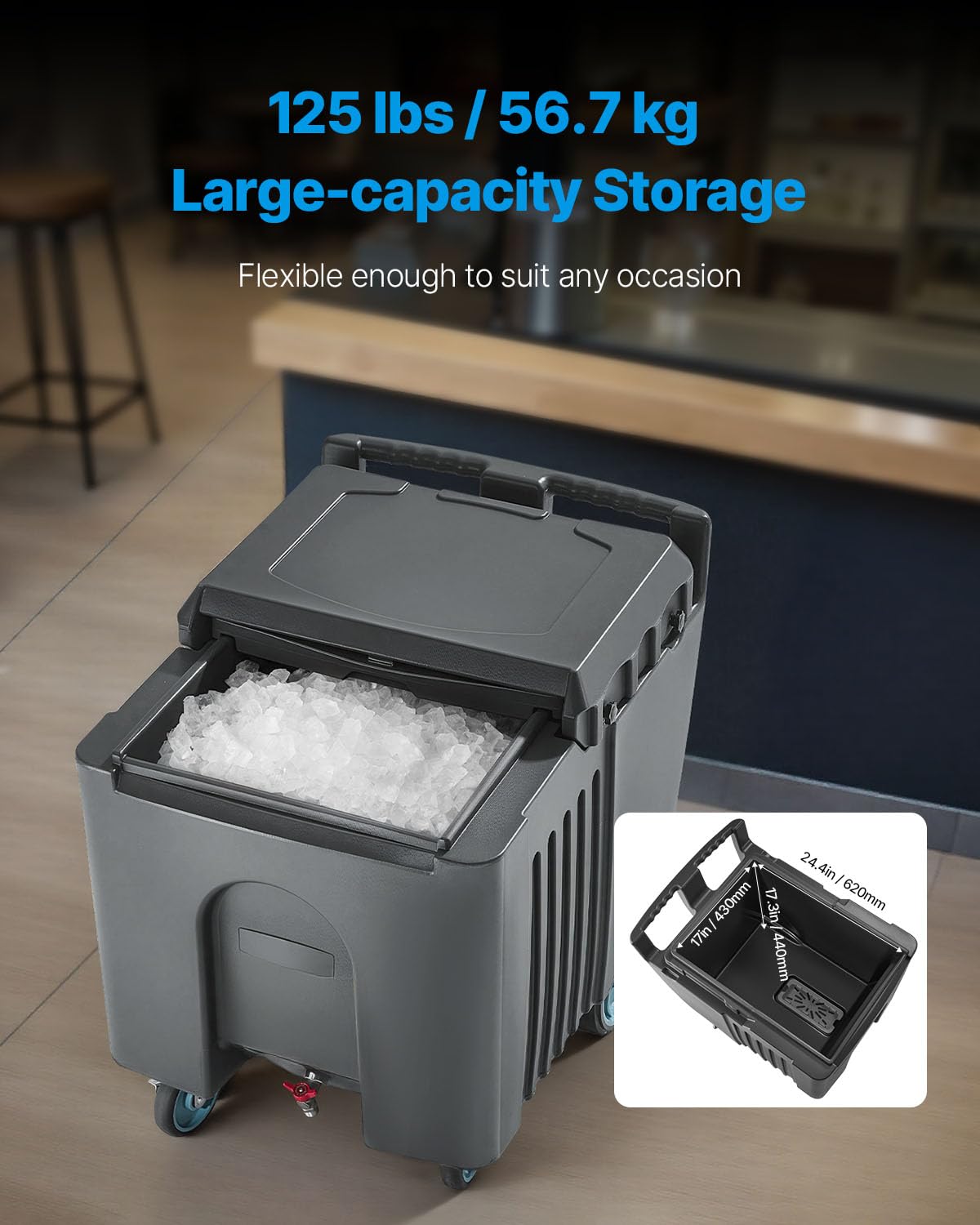 VEVOR Commercial Ice Bin, 125 lbs Portable Ice Caddy, 31.5 x 22.8 x 29 inch Insulated Ice Carrier with 4 Wheels and Flip Lid, Large Ice Bin for Catering, Kitchens, Bistros, Restaurants, and Bars