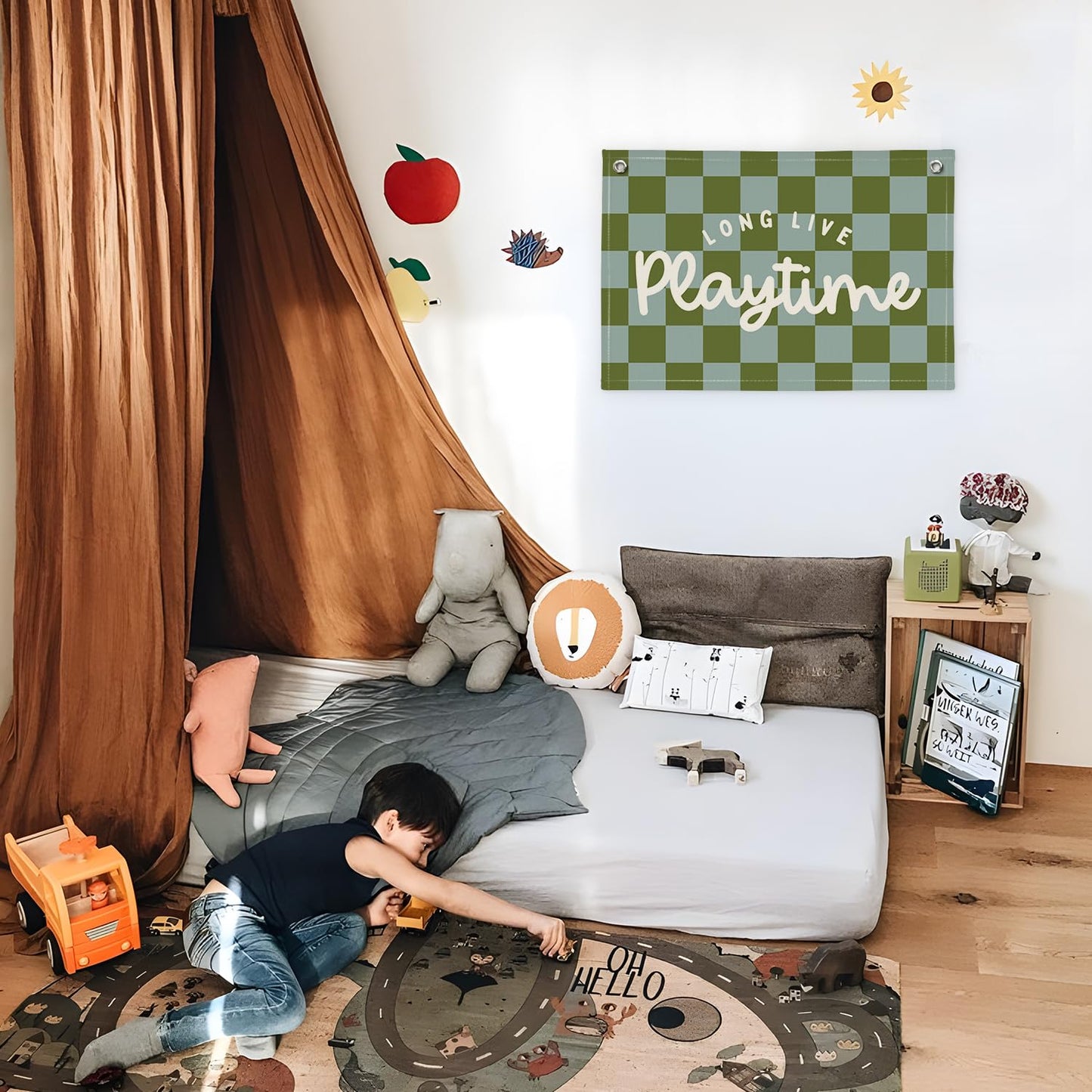 XYDEG Playroom Decor Long Live Playtime Banner, Green And Blue Checkered Pattern Banner Linen Hanging Banner Flag for Nursery Toddler Room, Boys Girls Kids Room Decor,Classroom Decorations 30x20