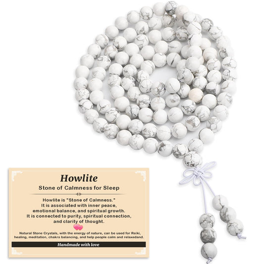 AD Beads 8mm 108 Prayer Mala Howlite Elastic Bracelet - Calmness for Sleep - Handmade Yoga Meditation Healing Power Energy Gifts for Unisex Adult.