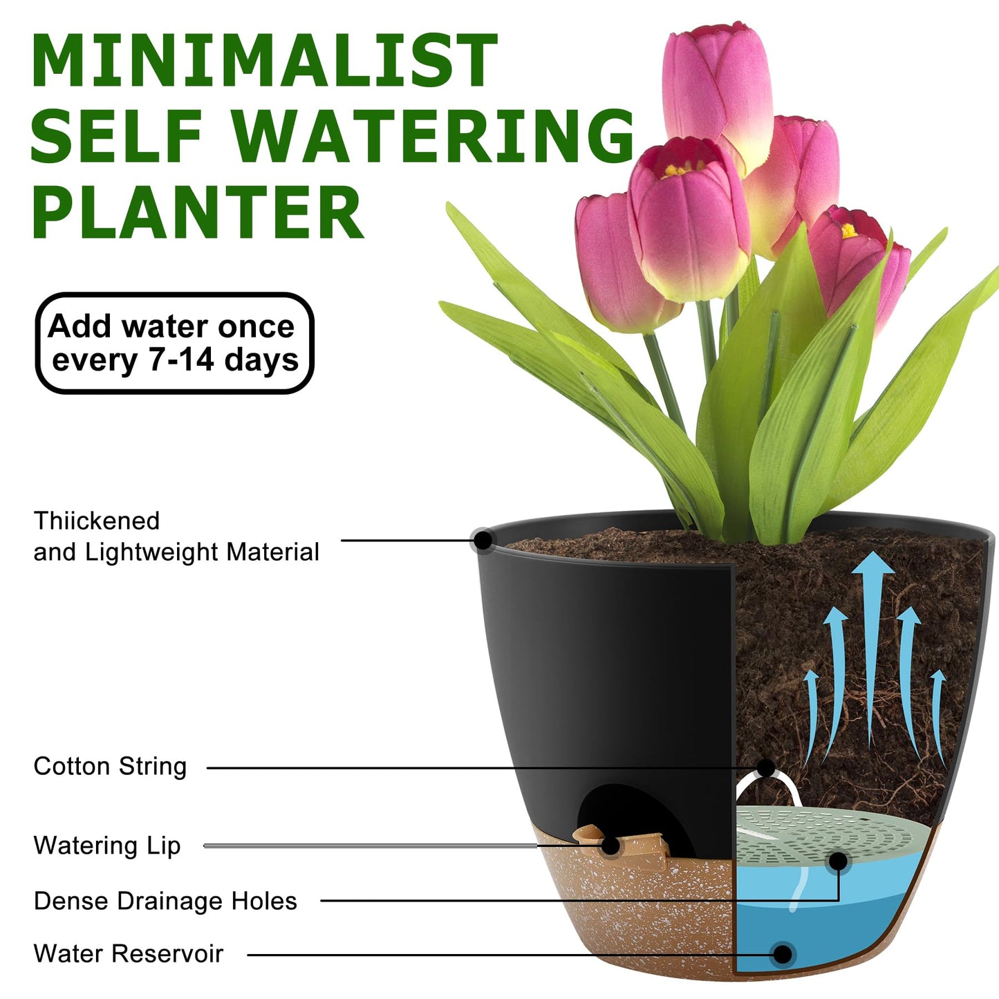 Plant Pots 10/9/8/7.5/7 Inch Self Watering Pots, Set of 5 Plastic Planters with Drainage Holes and Saucers,Plastic Flower Pots,Nursery Planting Pot for Indoor Out Door Plants(Black Brown)