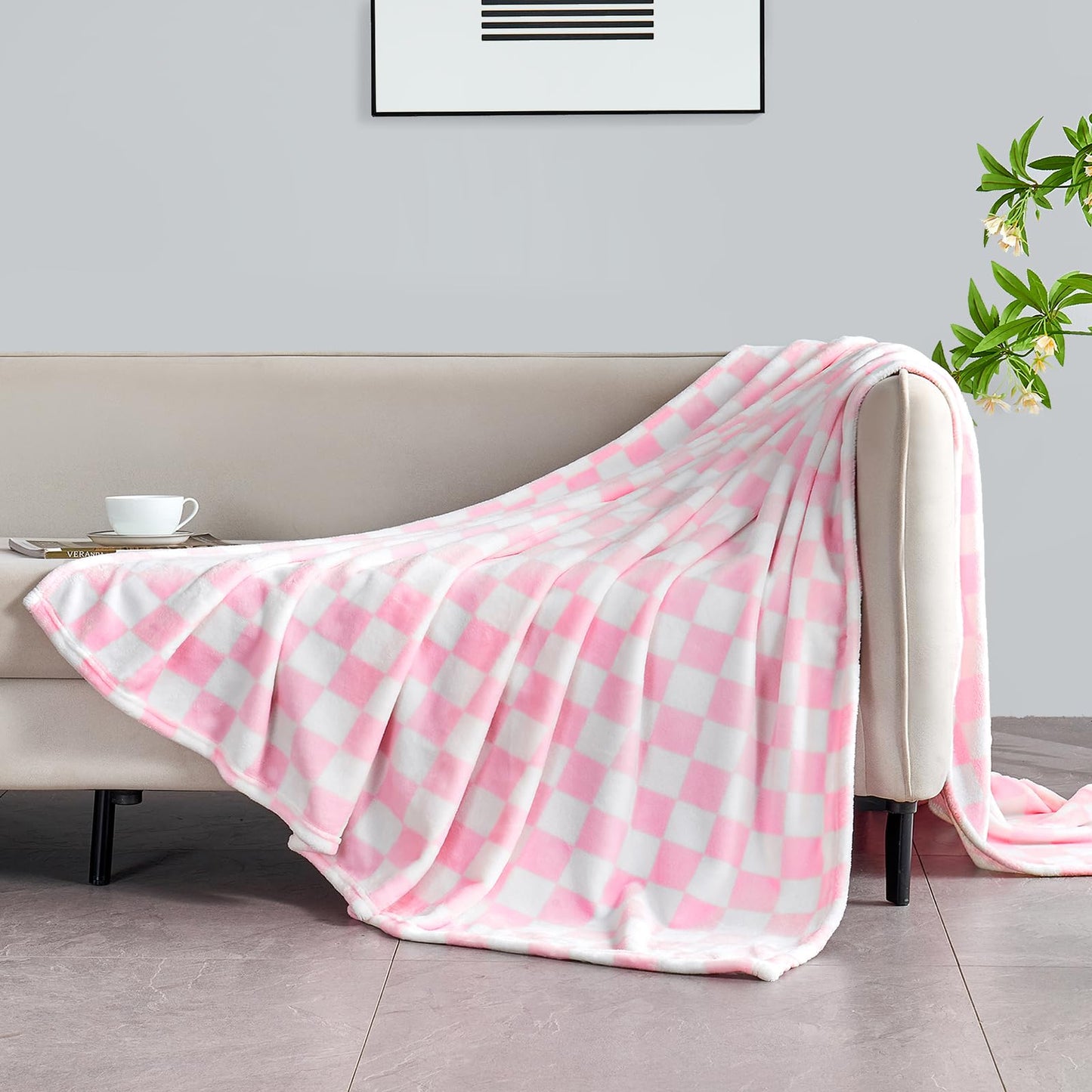 Edenleaf Pink Checkered Blanket, Ultra Soft Fleece Checkered Throw Blankets for Couch Bed and Travel, Luxury Throws for All Seasons, 50x60 Inch, Pink