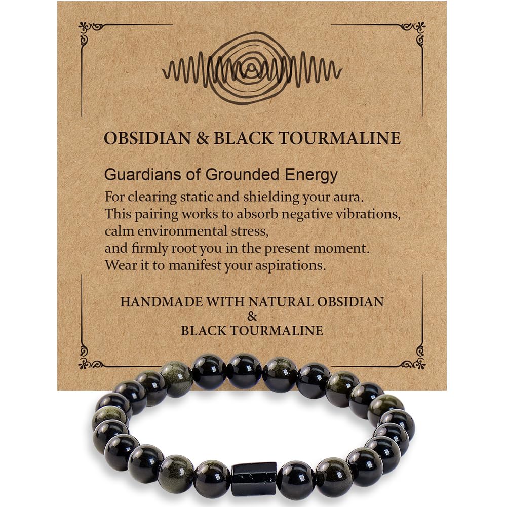 Buddha Stones Black Obsidian Bracelet with Black Tourmaline, Black Stone Bead Bracelet for Men & Women, Unisex Good Luck Bracele for Protection Positive Energy, Healing Crystal Bracelet for Anxiety Relief, Includes Gift Box & Card - 8MM