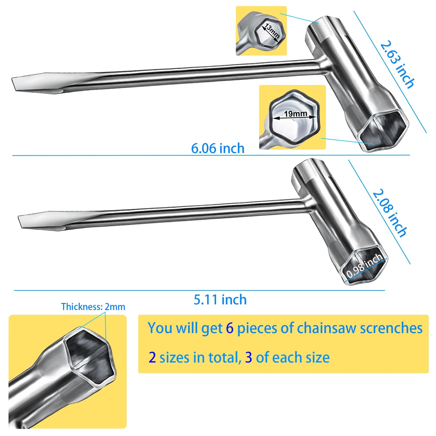 MotBach 6 Pack Chainsaw Screwdriver Wrench Set, 13 by 19 mm, Long and Short Size, Alloy Steel