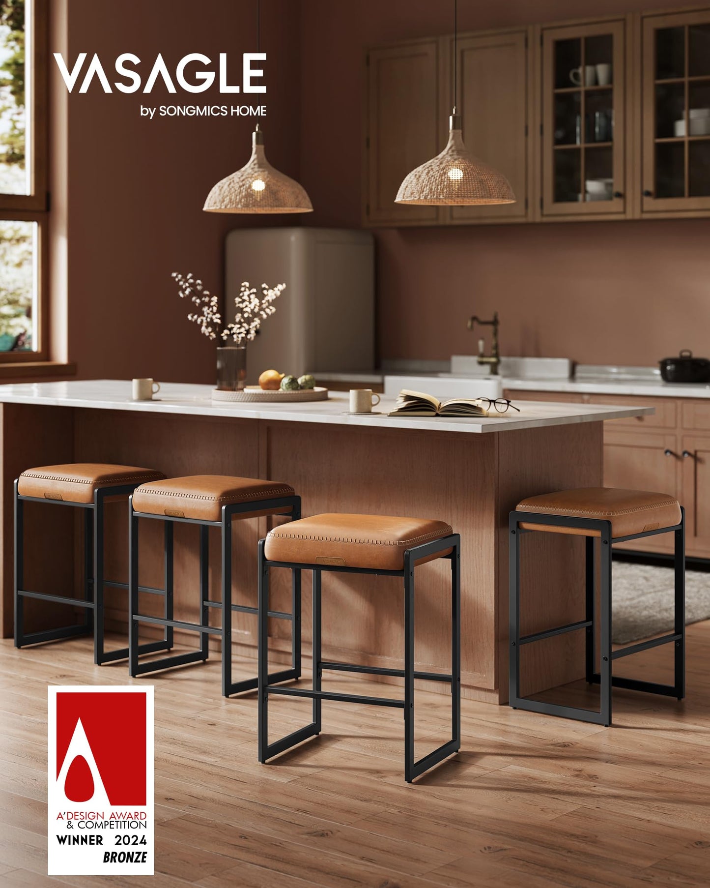 VASAGLE EKHO Collection - Bar Stools Set of 2, Counter Height Bar Stools, Synthetic Leather with Stitching, Mid-Century Modern Counter Stools, 26-Inch Tall, Kichen Home Bar Dining Room, Caramel Brown
