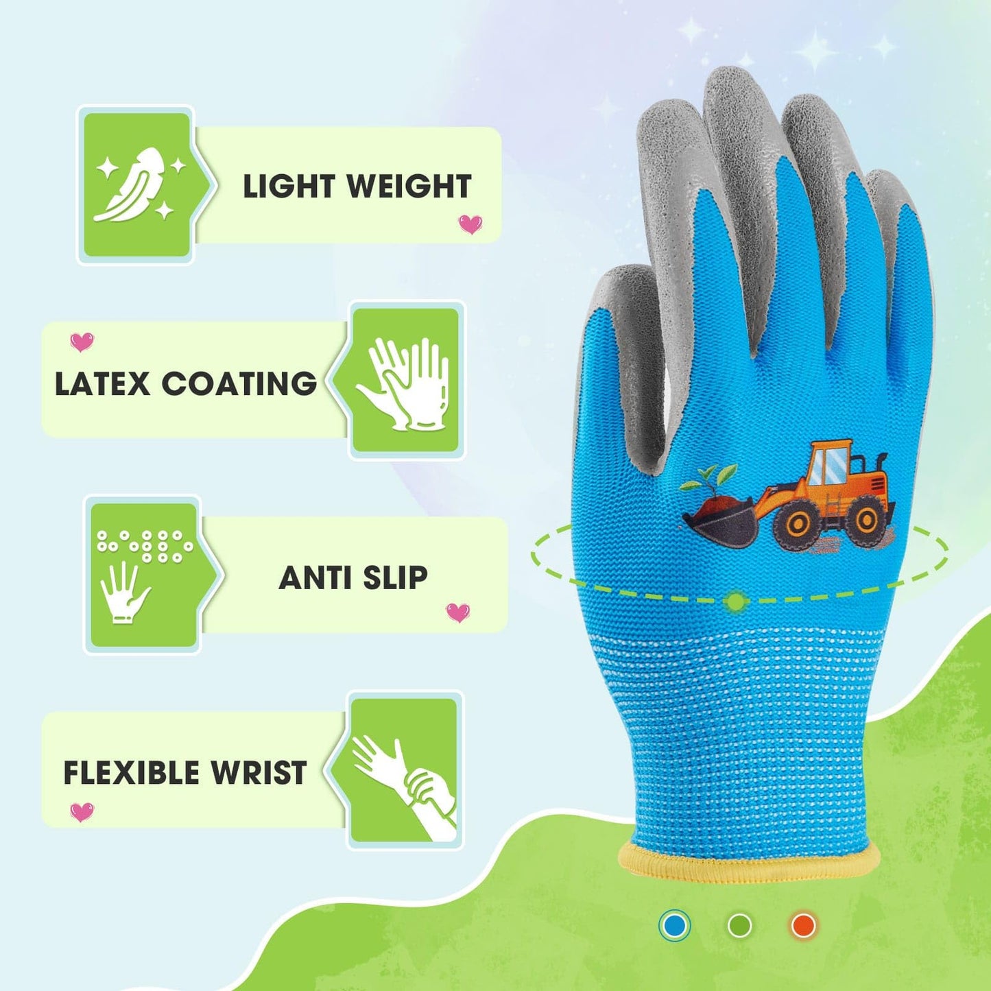 WAWSAM Kids Gardening Gloves 3 Pairs Toddlers Rubber Coated Work Gloves Children Garden Gloves Thorn Proof Heavy Duty (Blue & Green & Orang(Truck), Medium (Age 5-7))