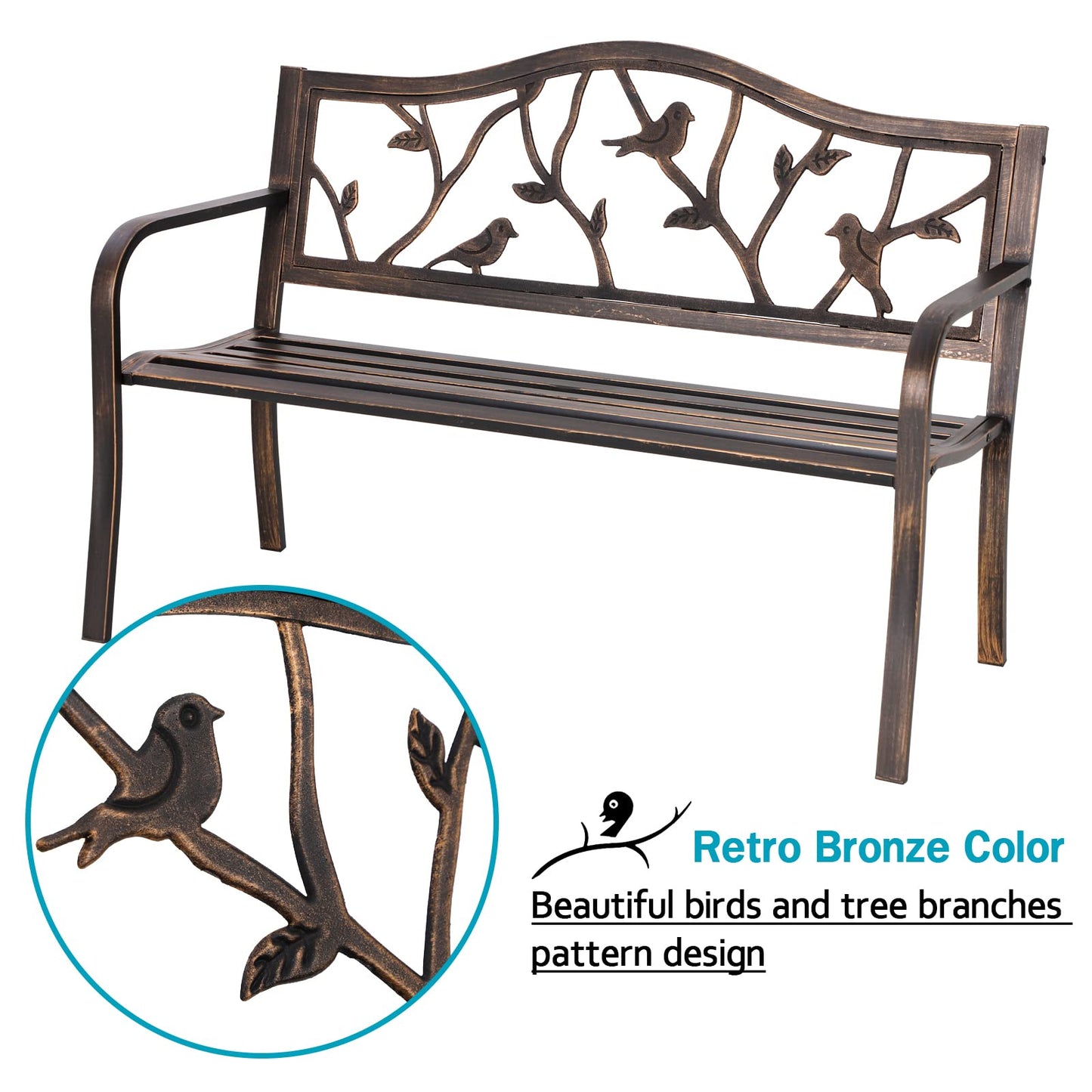 MFSTUDIO 50" Outdoor Garden Bench, Patio Metal Frame Park Bench with Bird Pattern Backrest for Porch, Lawn, Deck(Bronze)