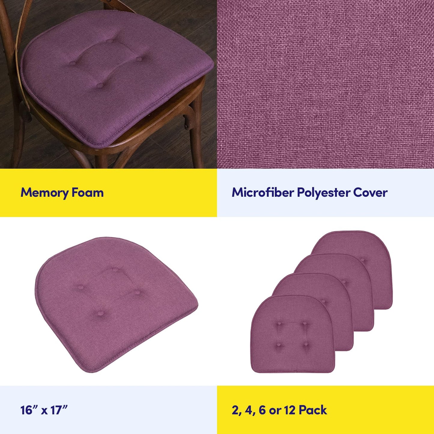Sweet Home Collection Chair Cushion Memory Foam Pads Tufted Slip Non Skid Rubber Back U-Shaped 17" x 16" Seat Cover, 4 Count (Pack of 1), Purple