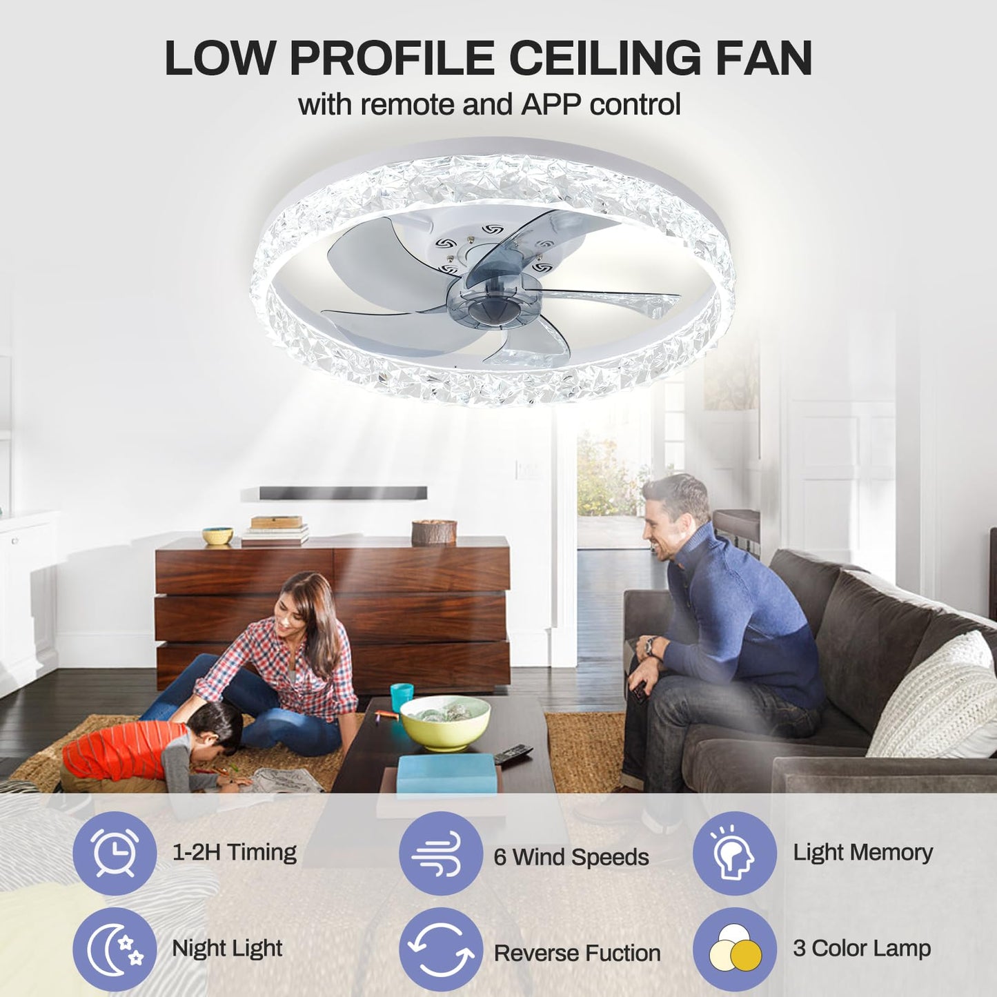 Cainjiazh 20" Modern Low Profile Ceiling Fan with Light Bedroom LED Ceiling Fan with Remote Control, Bladeless Flush Mount White Fan Lights Ceiling Fixtures for Living Room 3000K-6500K Fan Light