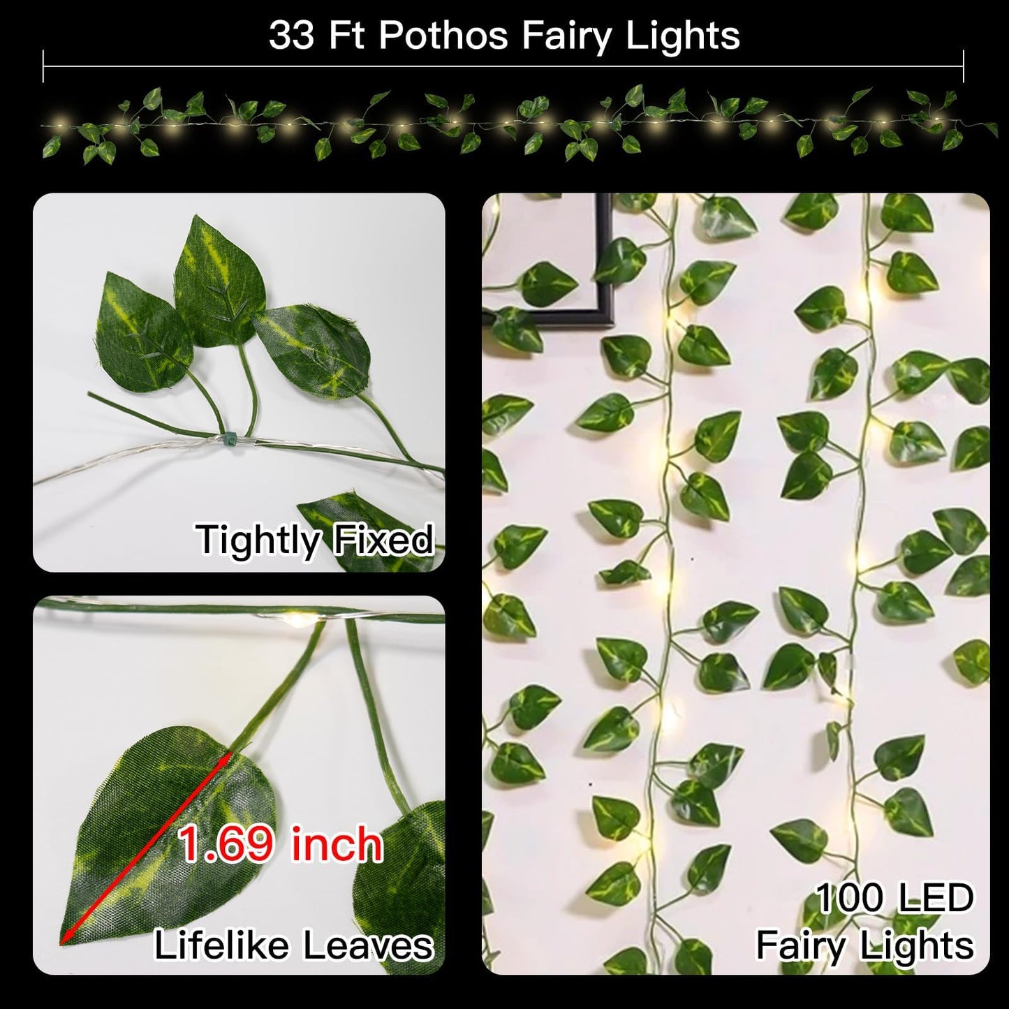 suddus Vine with Fairy Lights Battery Operated, 33ft100 LED Pothos String Lights with Remote, Leaf Lights for Bedroom, Room, Wall, Garden, Party, Wedding Dorm Decor(Warm White)