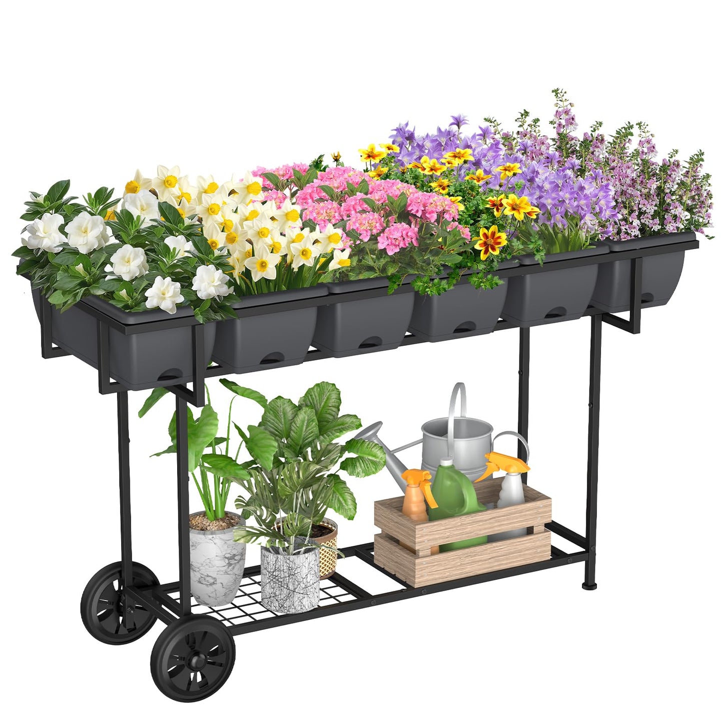 YBING Raised Garden Bed with Wheels Outdoor Elevated Planter Box Stand 6 Pocket Raised Flower Bed with Legs and Storage Shelf Herb Garden Planter for Patio 30" Tall, Dark Grey