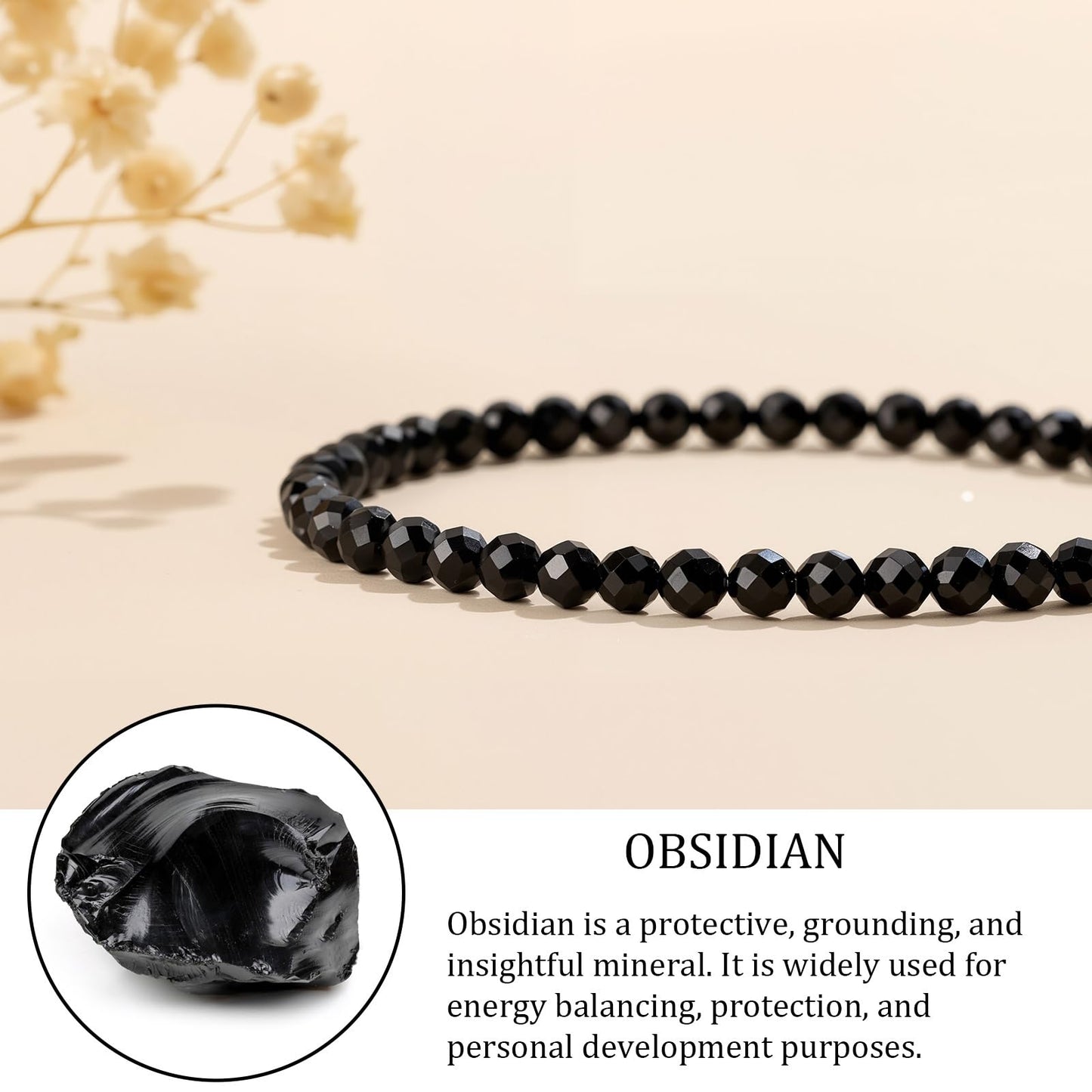 GolbalJew Natural Gemstone Beads Bracelets Healing Crystal Stone Beaded Bracelet for Women Men Handmade Spiritual Jewelry Gifts, 4mm Obsidian Faceted Round Beads