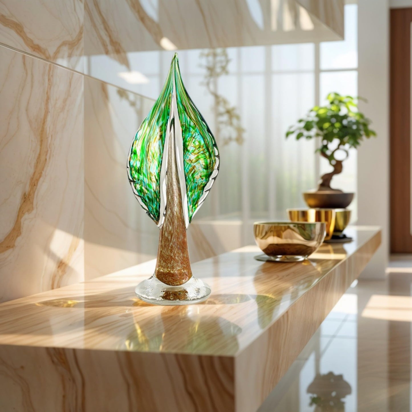 QFkris Blown Glass Tree of Life Leaf Sculpture for Home Decor, 12inch Hand Blown Glass Art Decorative Statue for Book Shelf Living Room Office Desk Home Decoration Accents Collectible Figurines