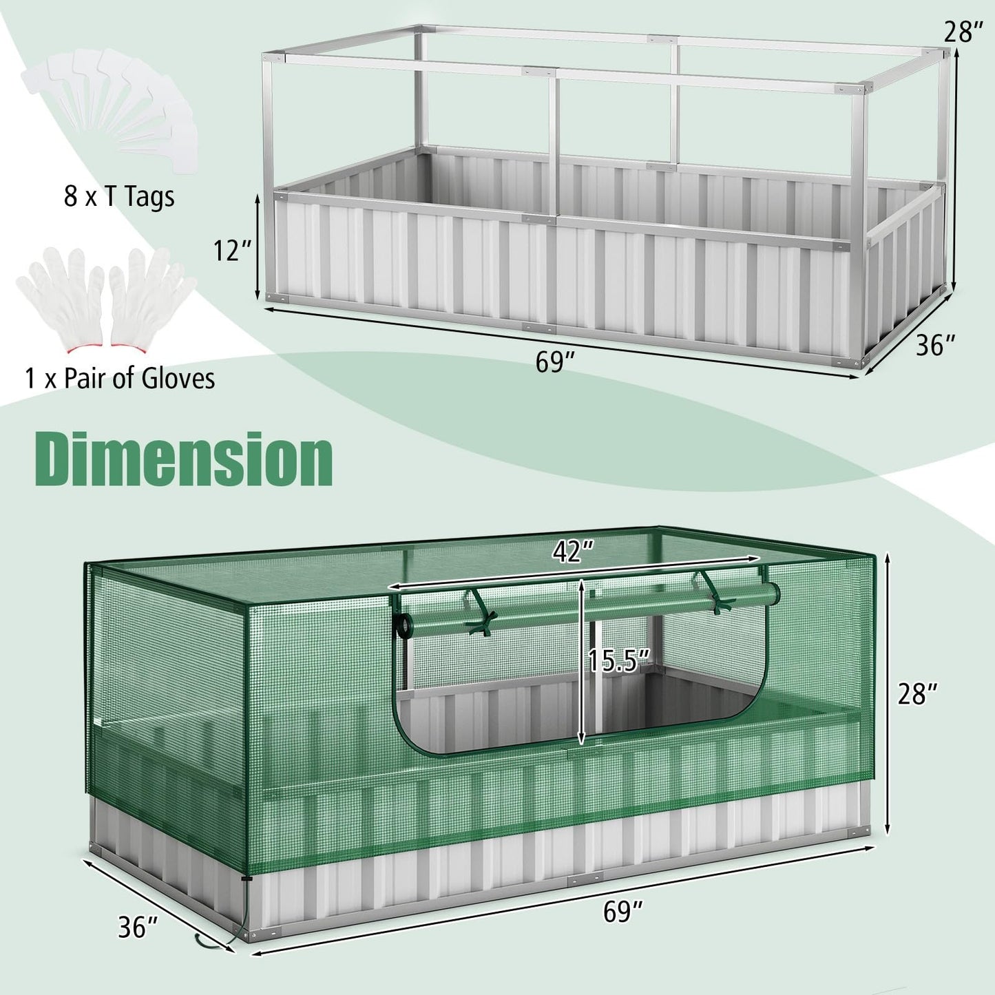 69" x 36" x 28" Galvanized Raised Garden Bed w/ Cover Roll-up Window PE Cover Greenhouse