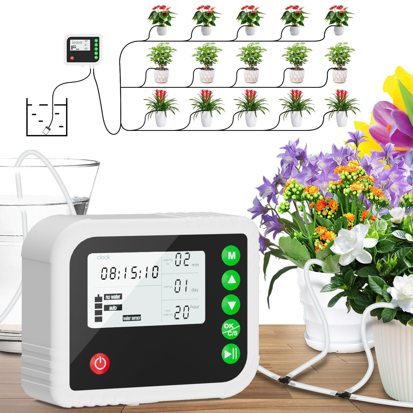 ZWJBSGY Automatic Plant Water Indoor, 15 Potted Plants Self Watering System, Automatic Drip Irrigation Kit Plant Watering Devices Programmable Water Timer, LED Display and Power Supply