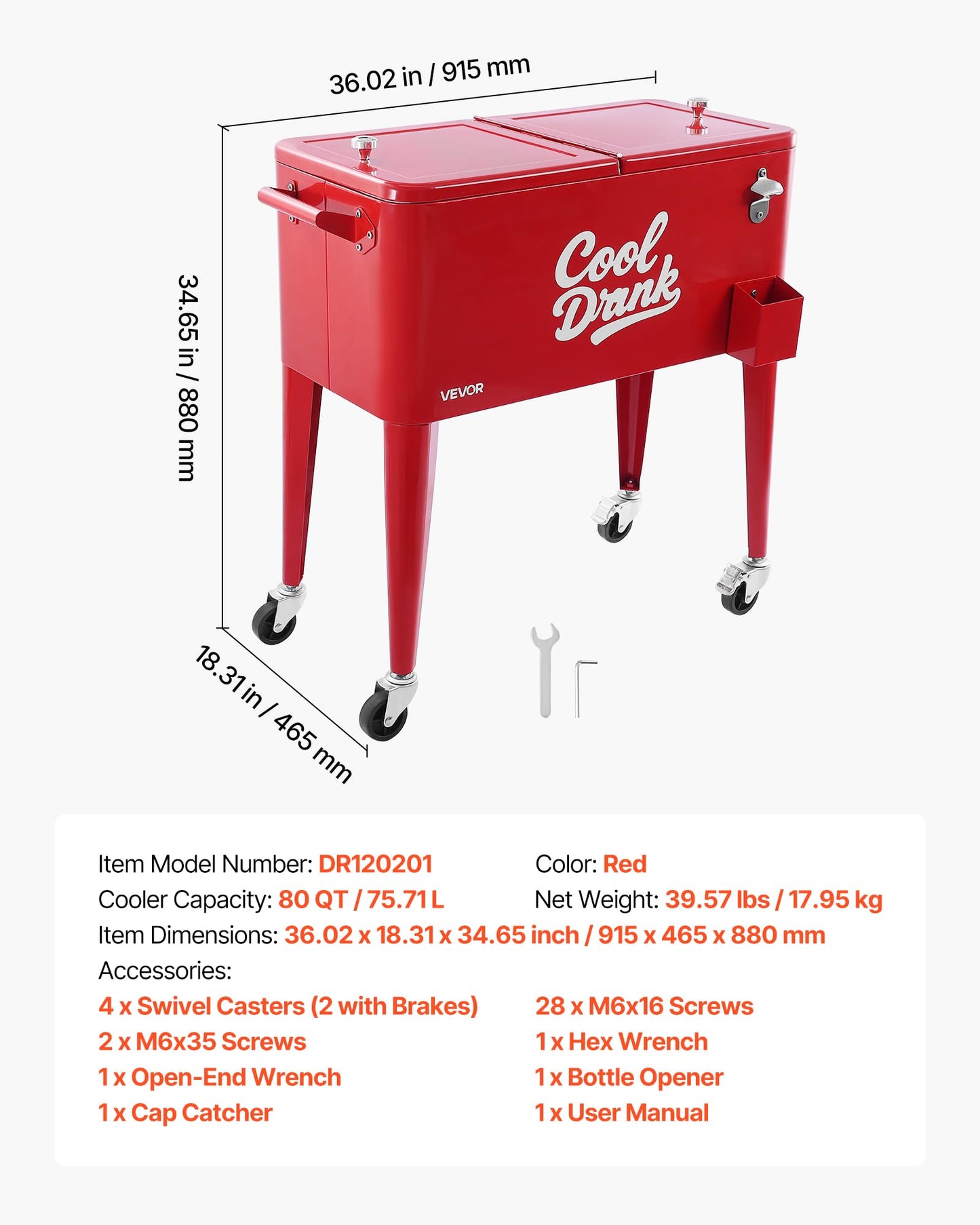 VEVOR 80 Quart Rolling Ice Chest, Holds up to 50 Bottles / 110 Cans, Portable Patio Party Bar Drink Cooler Cart with 4 Swivel Casters (2 with Brakes), Beverage Cooler Trolley with Bottle Opener, Red
