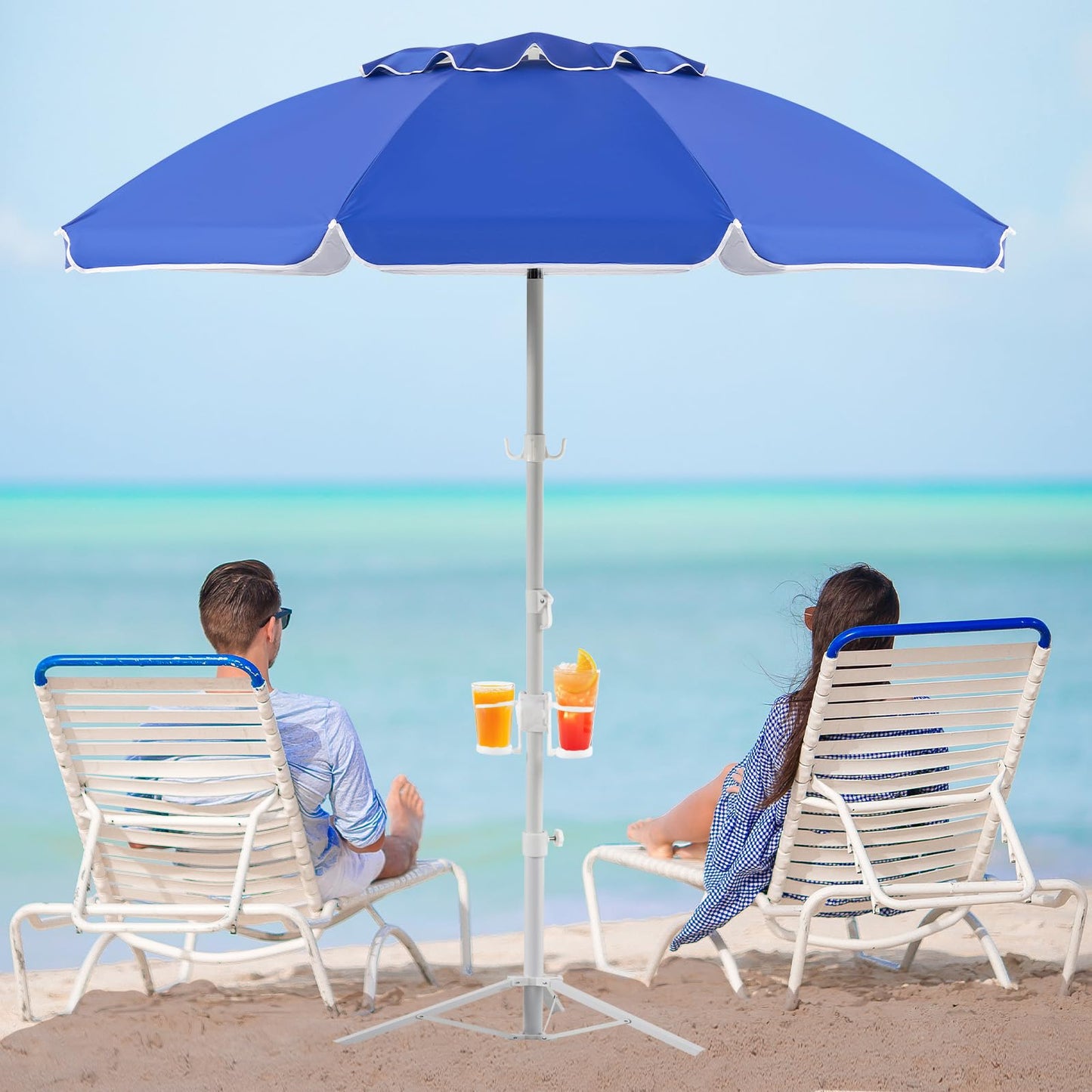Aoxun Portable Umbrella with Stand, 6.5ft Sun Shade Umbrella with Stand, Lightweight Adjustable Standing with Sand Anchor and Carry Bag, Instant Sun Protection, Easy to Carry, Blue