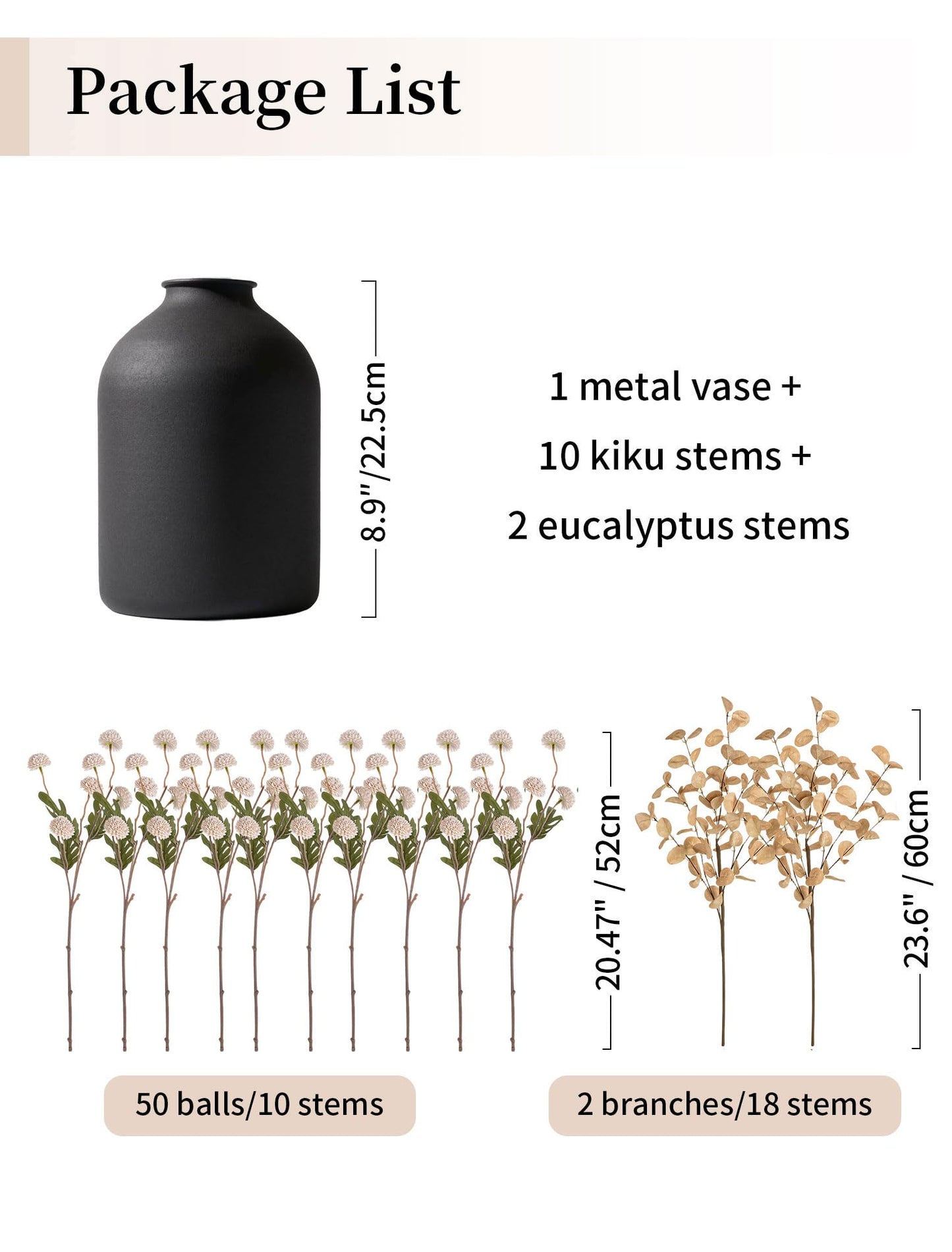 BLOSMON Fake Flowers Centerpieces for Tables: Gifts for Women Metal Vase with 12 Stems of Artificial Mums Kiku Eucalyptuses for Dining Room - Beige Faux Floral Arrangements in vase for Mothers Day