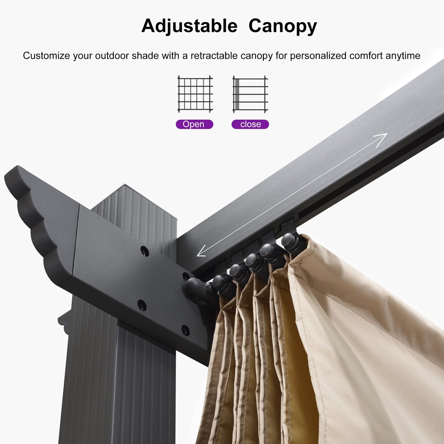 PURPLE LEAF 10' X 12' Outdoor Retractable Pergola with Sun Shade Canopy Patio Metal Shelter for Garden Porch Beach Pavilion Grill Gazebo Modern Yard Grape Trellis Pergola, Beige