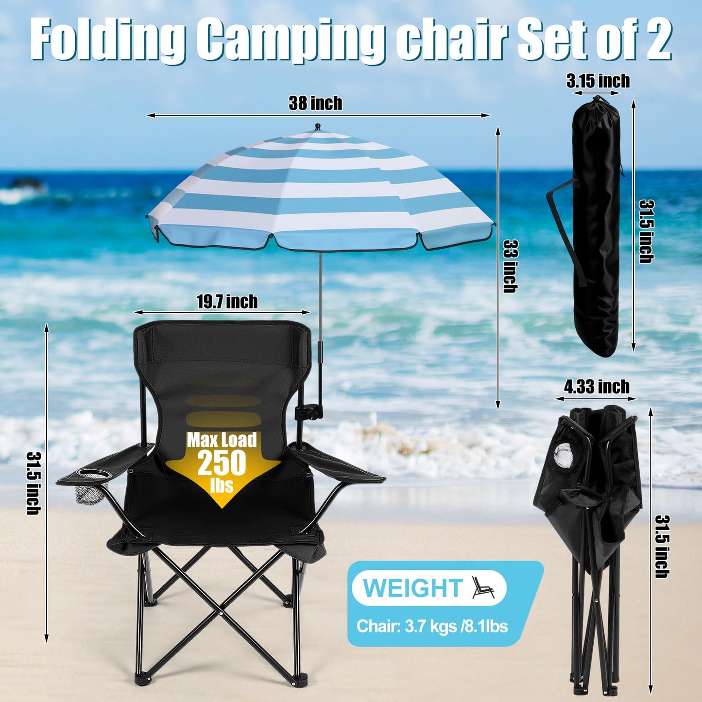 Yuntau 2 Sets Beach Chair with Umbrella Foldable Camping Chair Fold up Umbrella with Universal Clamp Large Portable for Outdoors Fishing Camping Hiking Travel Picnic Beach (Black,Blue,White)