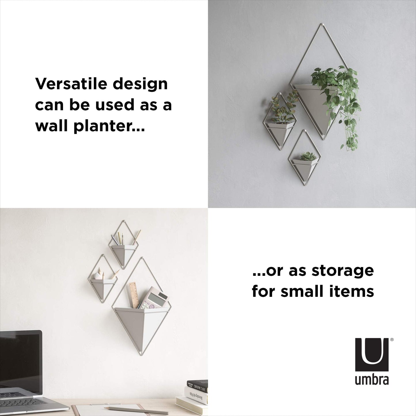 Umbra Trigg Hanging Planter Vase Wall Decor, Set of 2 Pots Containers for Succulents, Cactus, Faux Plants, and More, Small, White/Nickel