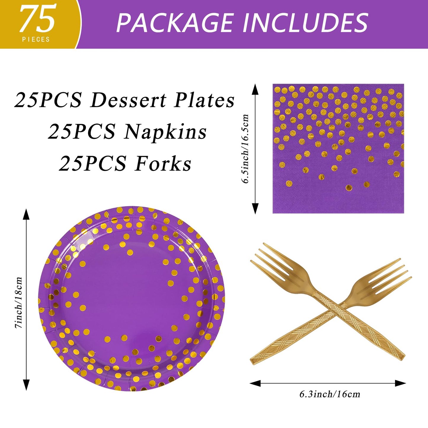75PCS Paper Plates and Napkins Set - Purple and Gold Dot Disposable Party Dinnerware Includes Paper Plates, Napkins, Forks Decorations for Birthdays, Graduations, Weddings and Holidays, Serves 25