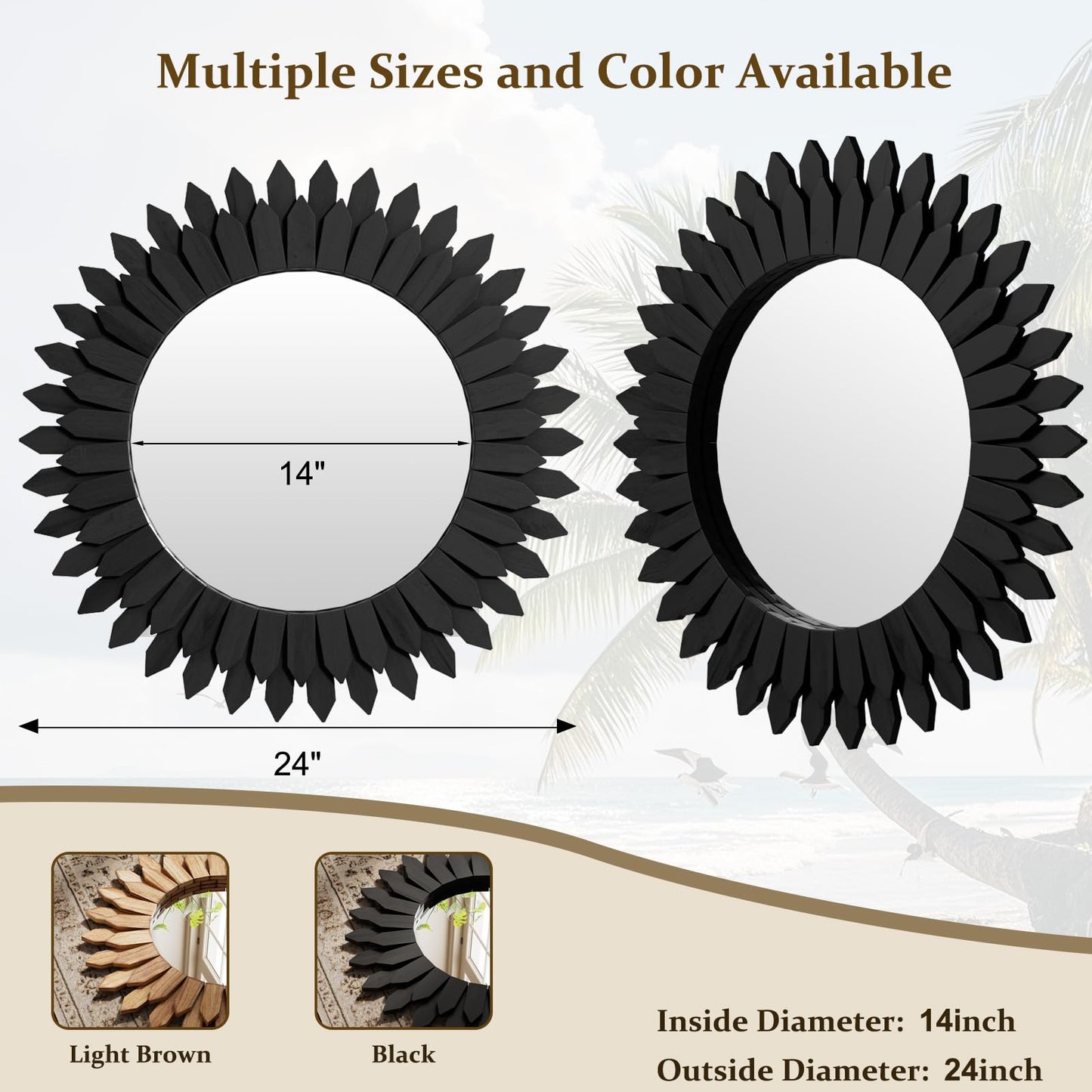 VETROVUE 24 Inch Black Boho Wall Decor Sunburst Mirror - Round Wooden Wall Decor, Handmade Rustic Circular Mirror for Living Room, Bedroom, Entryway, Office